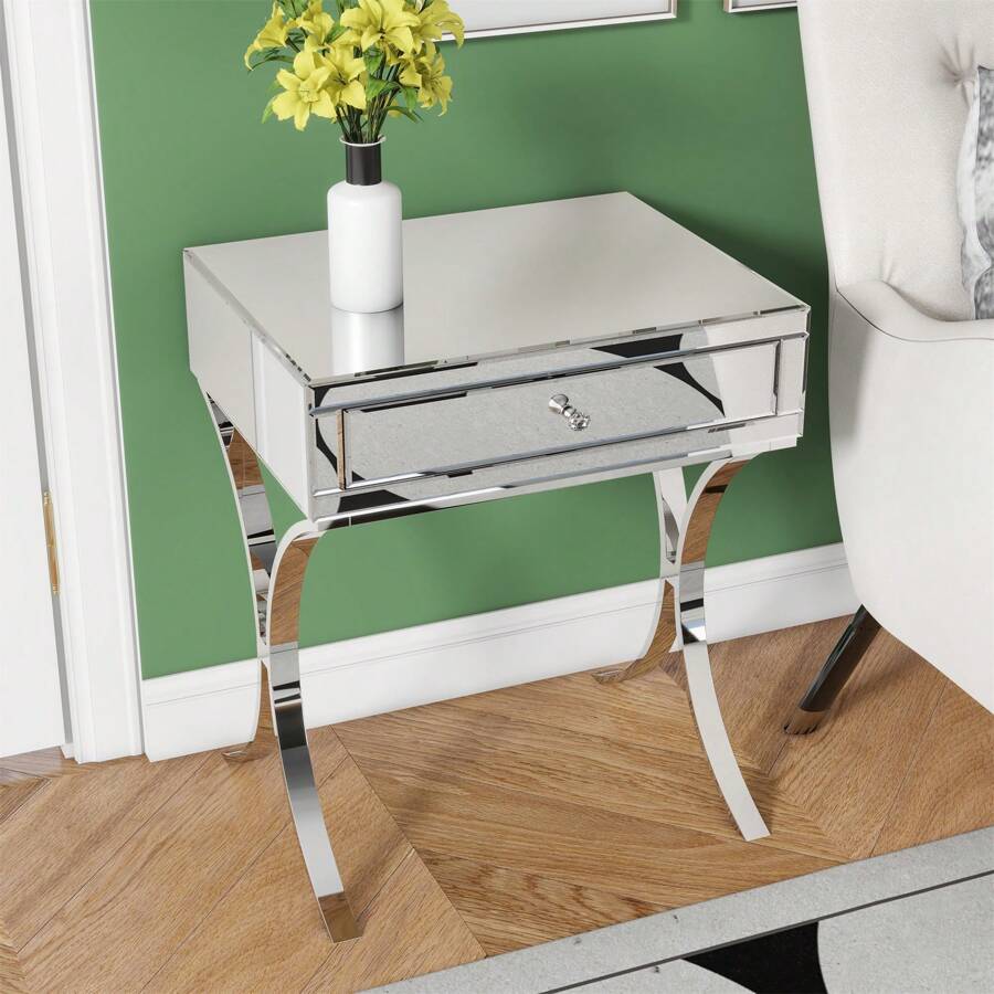 24" Tall Mirrored Nightstand 1 Drawer Metal Cross Legs Silver 1 Drawer Bedroom Bedside Cabinet Modern Mirrored Mirrored Mdf Metal,Mirror