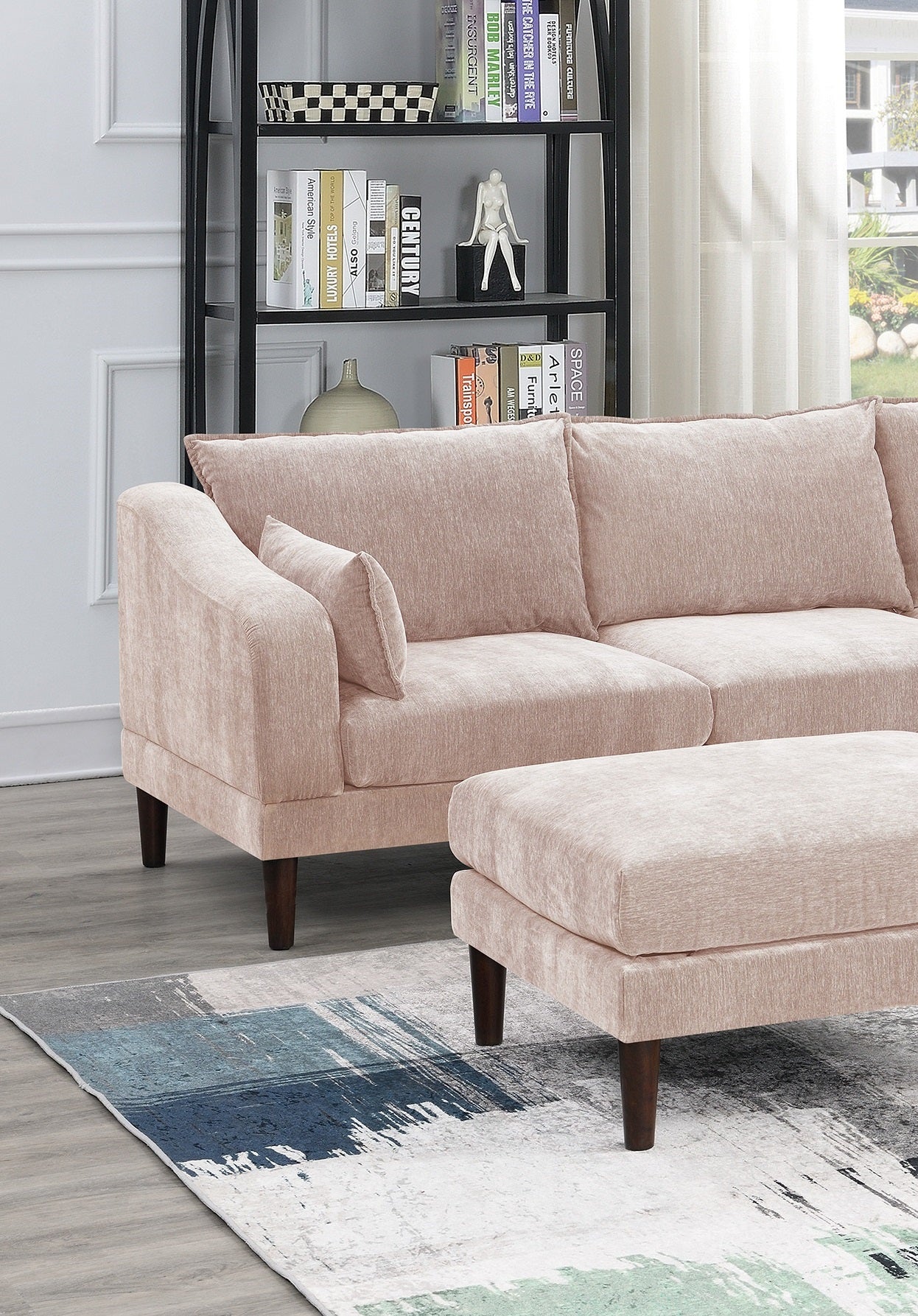 Contemporary 5Pcs Modular Sectional Set One Arm Chairs Armless Chair Ottomans L Shaped Sectional Blush Pink Morgan Fabric Pink Primary Living Space Cushion Back Classic,Contemporary,Modern Modular