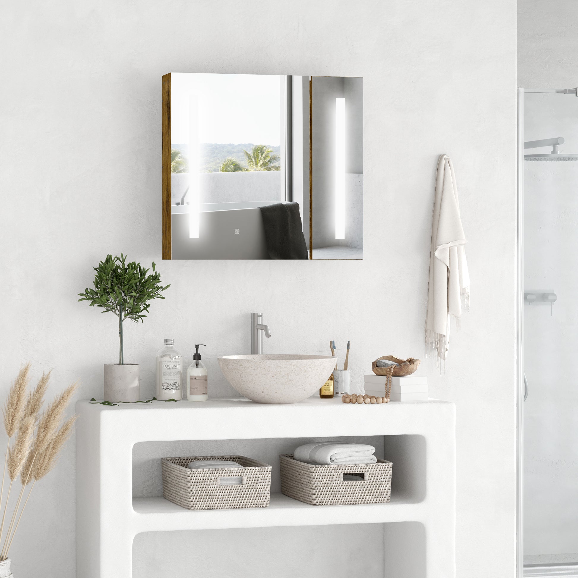 Kleankin Lighted Medicine Cabinet With Mirror, 27.5" X 25.5" Wall Mounted Dimmable Bathroom Mirror Cabinet With 3 Tier Storage Shelves, Led Lights, Smart Touch And Usb Charge, Dark Wood Grain Rustic Brown Mdf