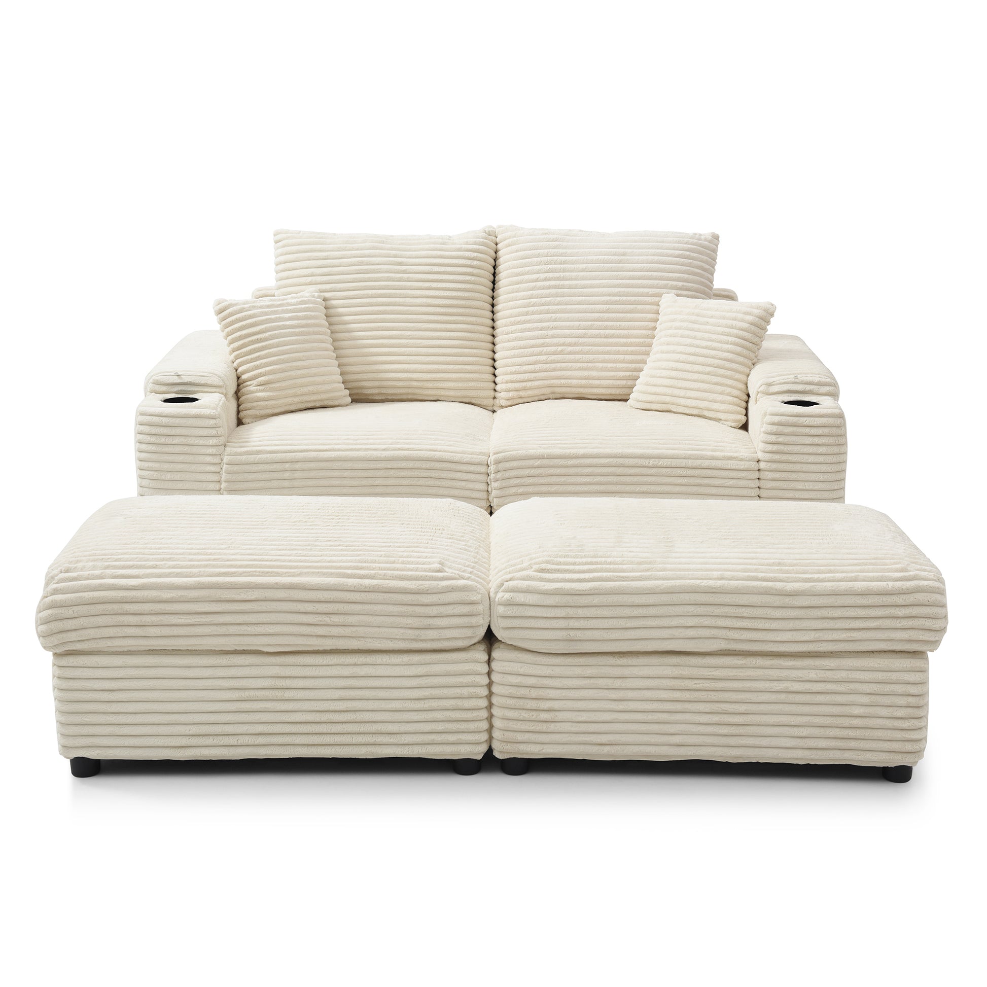 Loveseat With Ottomans,Corduroy Fabric Modular Sectional Sofa,Comfy Deep Plush Couch With Ottomans And Two Pillows,For Small Spaces, Living Room,Bedroom, Office, 5 Colors,Cream Cream Wood Primary