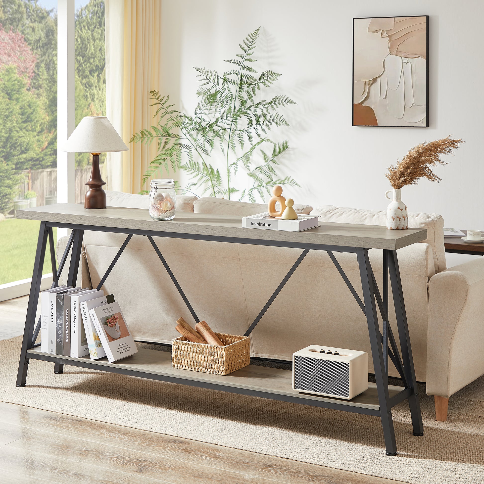 70.9 Inch Extra Long Sofa Table, Console Behind Sofa, Entryway Table With 2 Tier Storage Shelves For Hallways, Living Rooms,Foyers,Entryways,Banquet Rooms,Rustic Gray And Black, 70.9 L X 11.8"W X