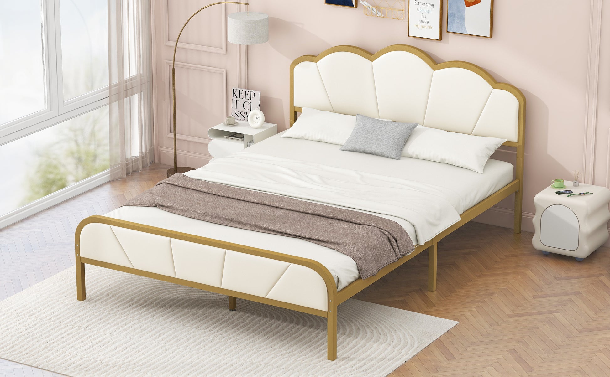 Full Size Metal Platform Bed With Upholstered Headboard And Footboard Box Spring Not Required Full Gold White Metal Bedroom Bed Frame Metal