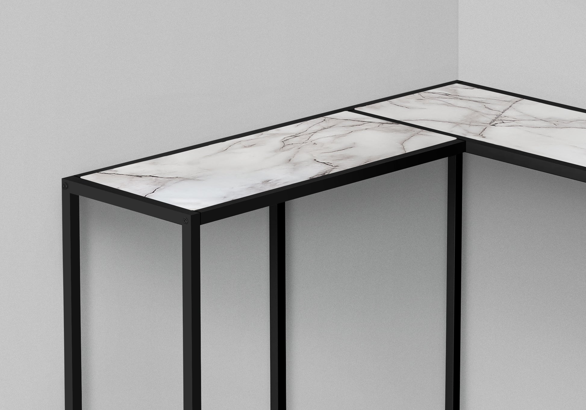 Accent Table, Console, Entryway, Narrow, Corner, Living Room, Bedroom, White Marble Look Laminate, Black Metal, Contemporary, Modern White Particle Board