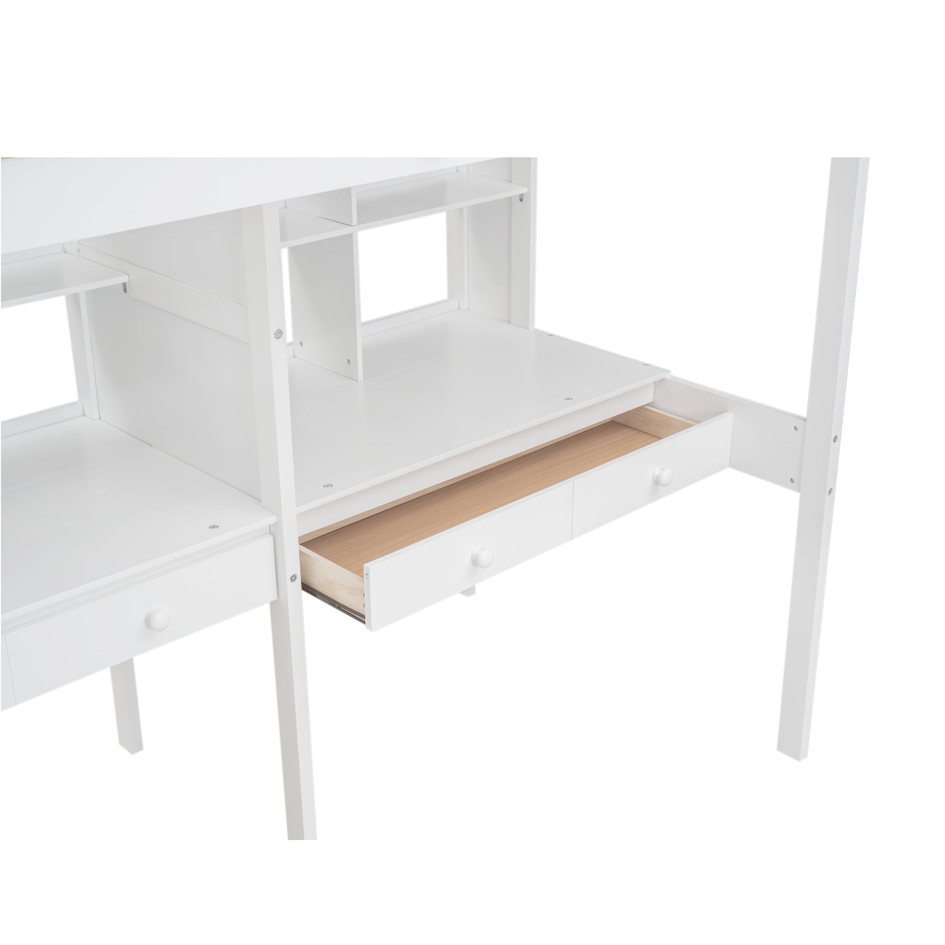 Twin Size Loft Bed Frame With Storage Staircase And Double Desks And Shelves,White Twin White Solid Wood Mdf