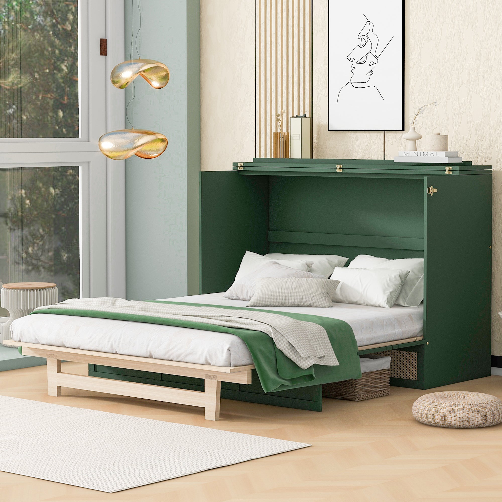 Queen Murphy Bed With Large Drawers,Green Queen Green Plywood