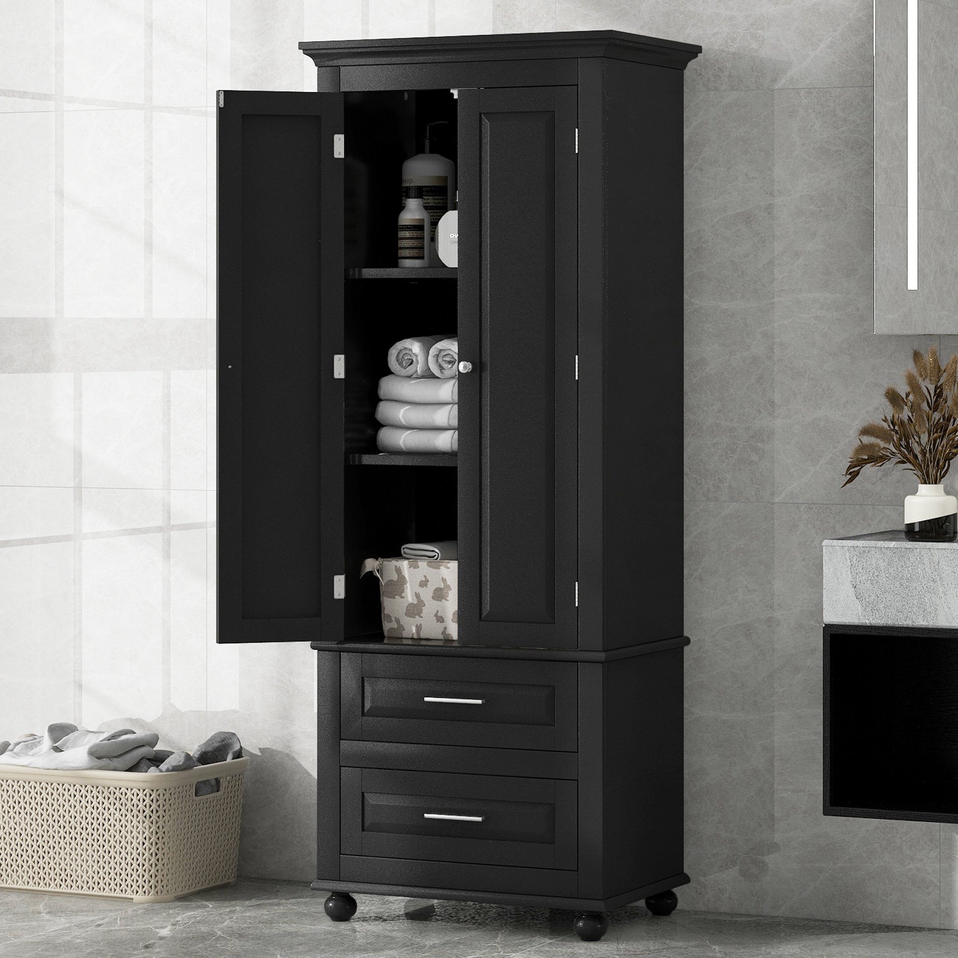 Tall Storage Cabinet With Two Drawers For Bathroom Office, Black Black Mdf