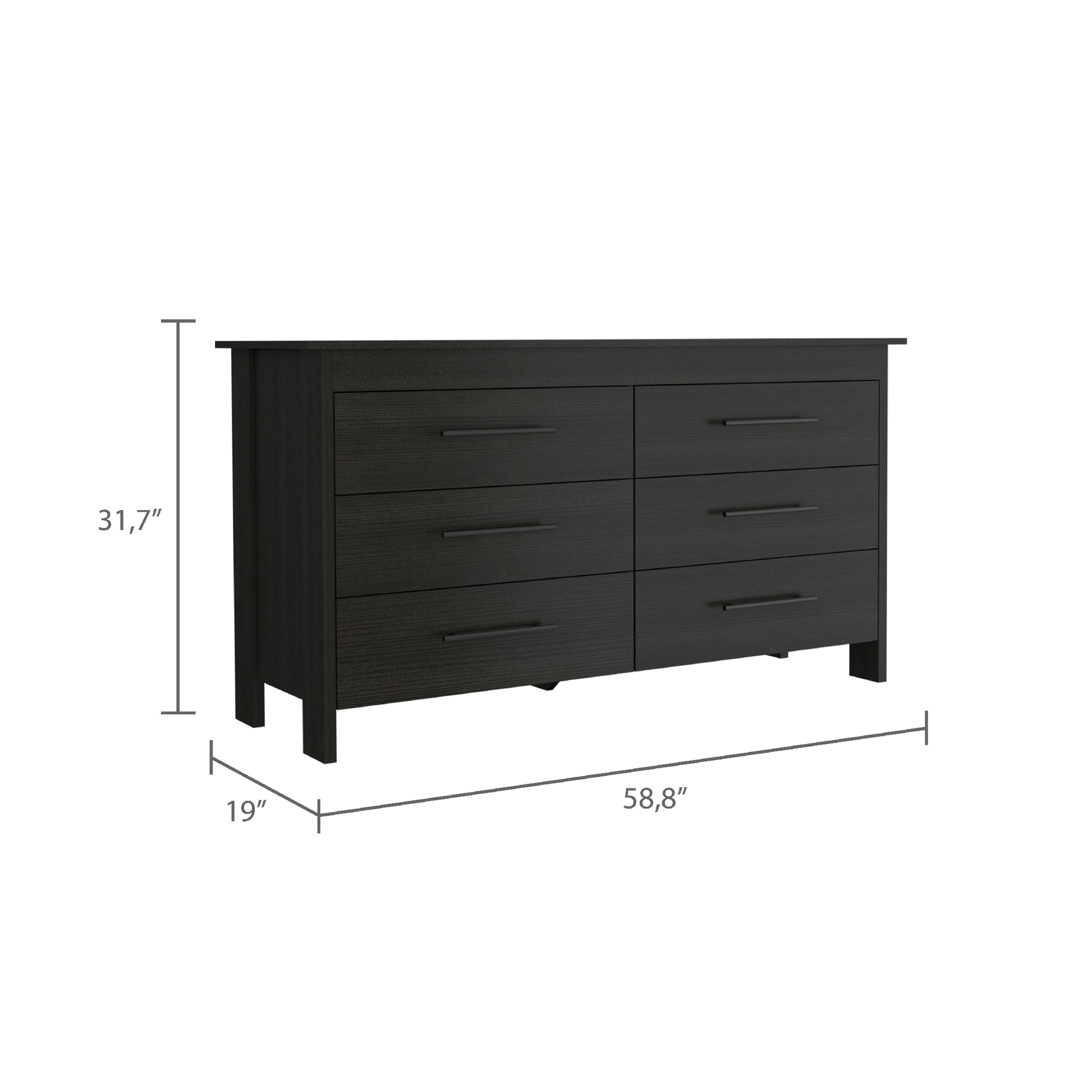 Double Dresser, Four Legs, 6 Drawer, Superior Top, Black Black Solid Wood Mdf Engineered Wood