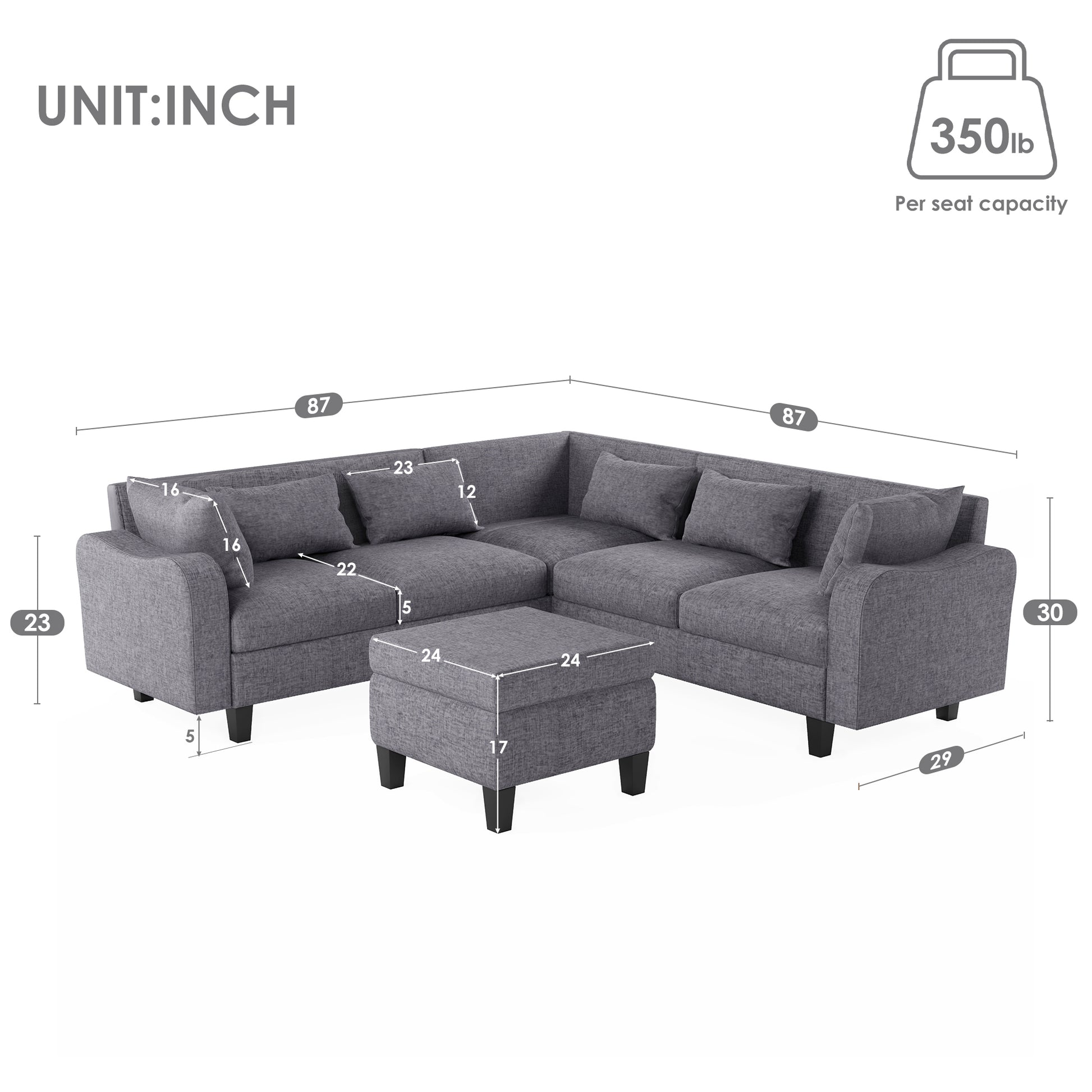 87" Modern Sectional Sofa With Coffee Table,6 Seat Couch Set With Storage Ottoman,Various Combinations,L Shape Indoor Furniture With Unique Armrests For Living Room,Apartment, 2 Colors 6 Pillows Gray Linen 6 Seat