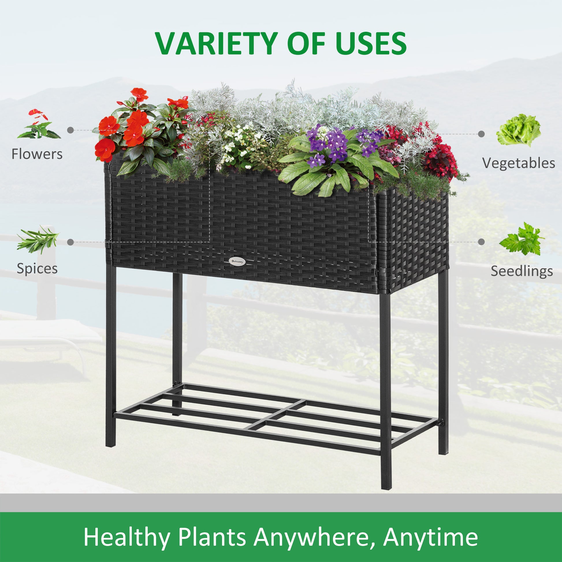 Outsunny Raised Garden Bed, Elevated Planter Box With Rattan Wicker Look, Tool Storage Shelf, Portable Design For Herbs, Vegetables, Flowers, Black Black Rattan