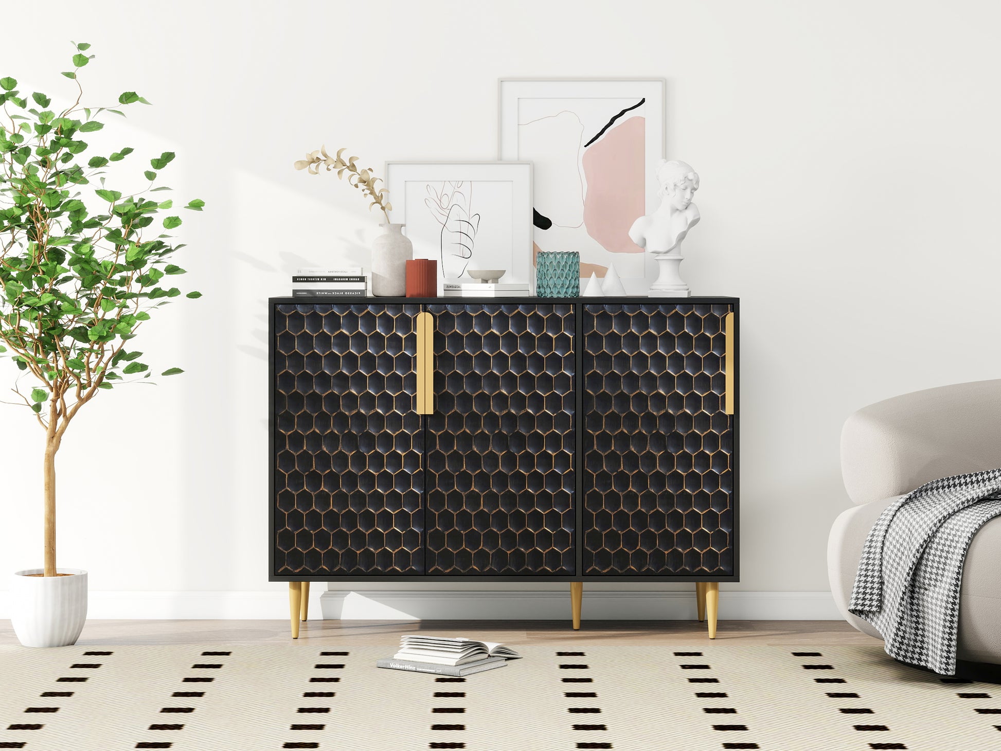 3 Door Storage Cabinet,Buffeet Sideboard With Adjustable Shelves,Honeycomb Seamless Hexagons Pattern Metal Door For Living Room,Dinging Room,Kitchen,Entrance Black Modern Iron,Particle Board Mdf