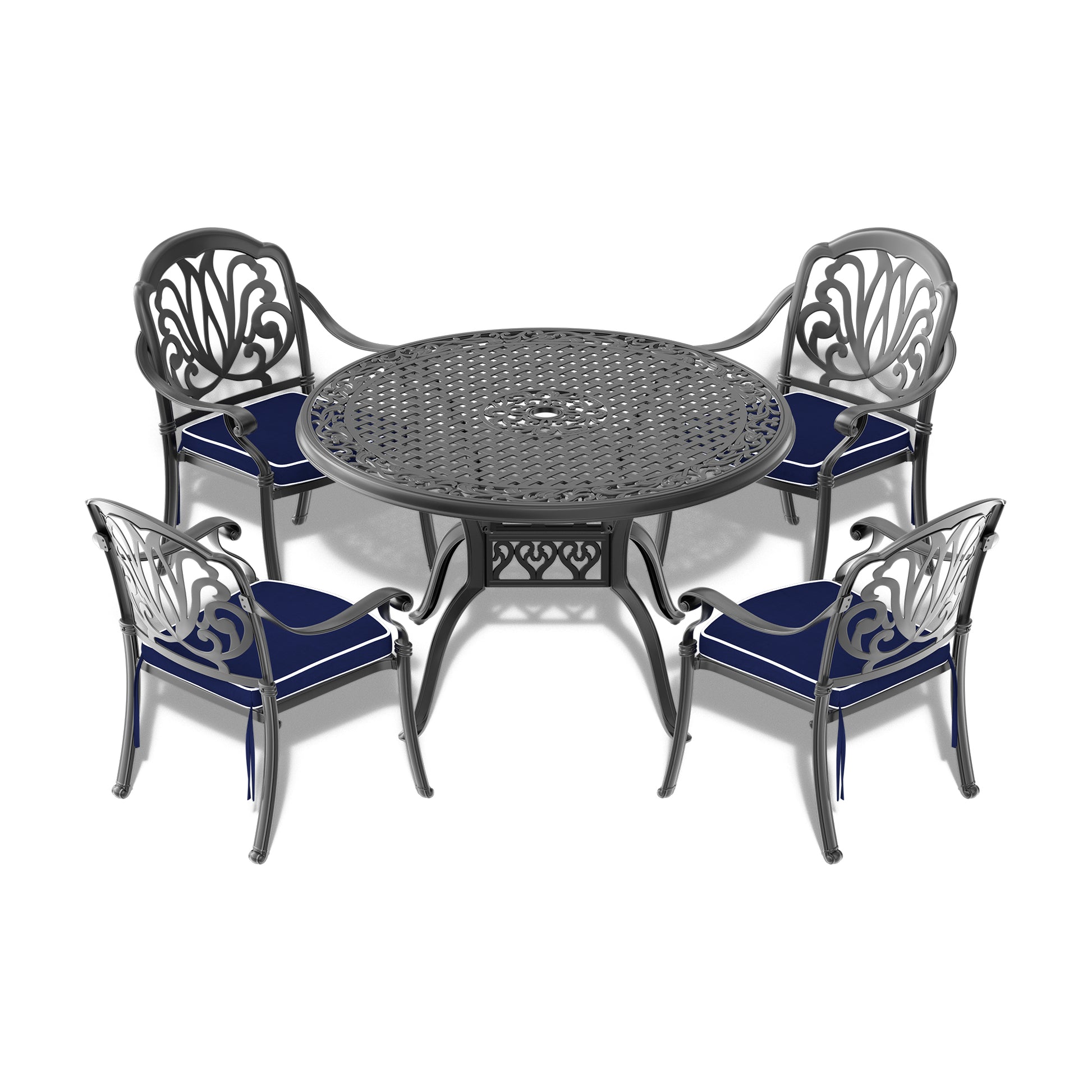 Cushions In Random Colors 5 Piece Set Of Cast Aluminum Patio Furniture With Cushions Yes Dining Set Black Seats 4 Rust Resistant Frame Water Resistant Cushion Garden & Outdoor Complete Patio Sets Aluminium