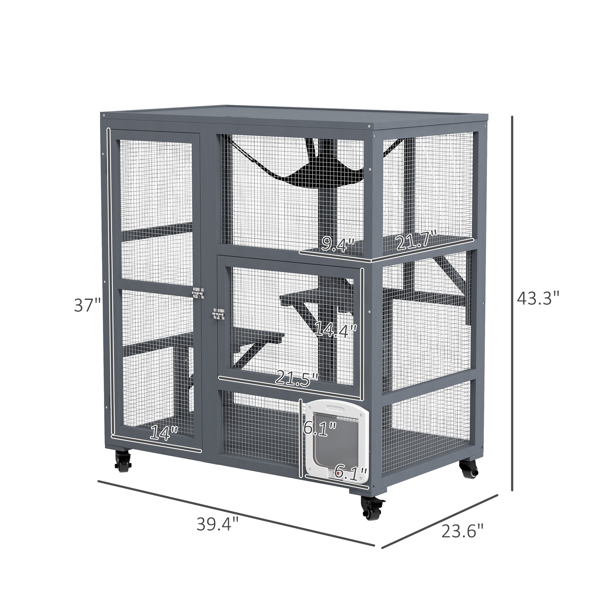 Pawhut Cat House, Indoor Cat Enclosure On Wheels, Wooden Kitty Cage With Cat Flap Door, Platforms Hammock & Openable Top For 2 Cats, 39" Gray Wood