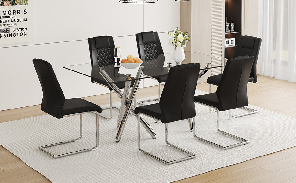 Table And Chair Set.Large Minimalist Rectangular Glass Dining Table For 6 8 With 0.39" Tempered Glass Tabletop And Silver Chrome Metal Legs.Paried With Comfortable Chairs With Pu Seats And Metal Legs. Silver Seats 6 Glass Metal