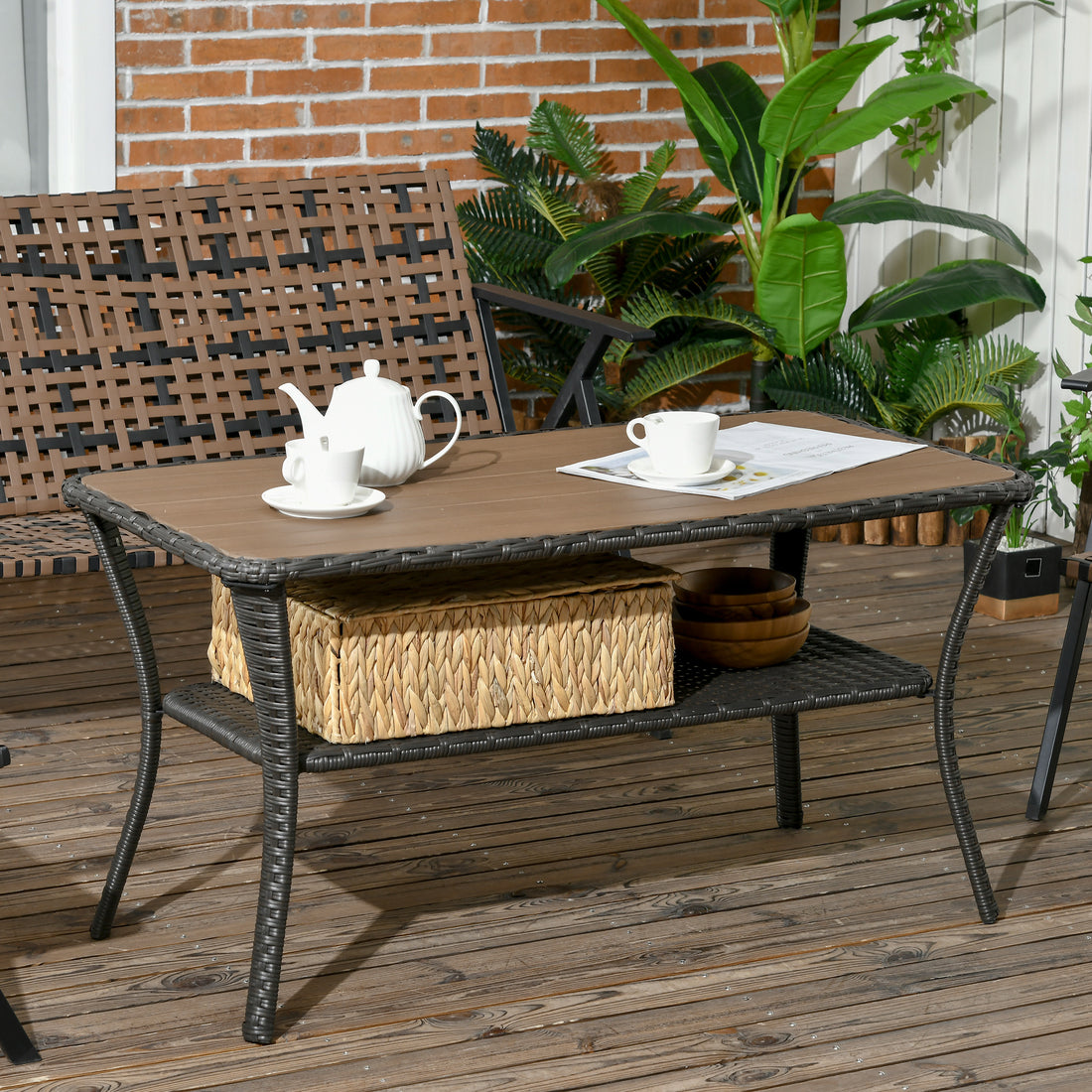 Outsunny Patio Pe Rattan Coffee Table With Storage Shelf, Hand Woven Wicker Outdoor Side Table, 2 Layer Storage Table With Wood Plastic Composite Top, For Garden, Porch, Backyard, Mixed Brown Brown Steel