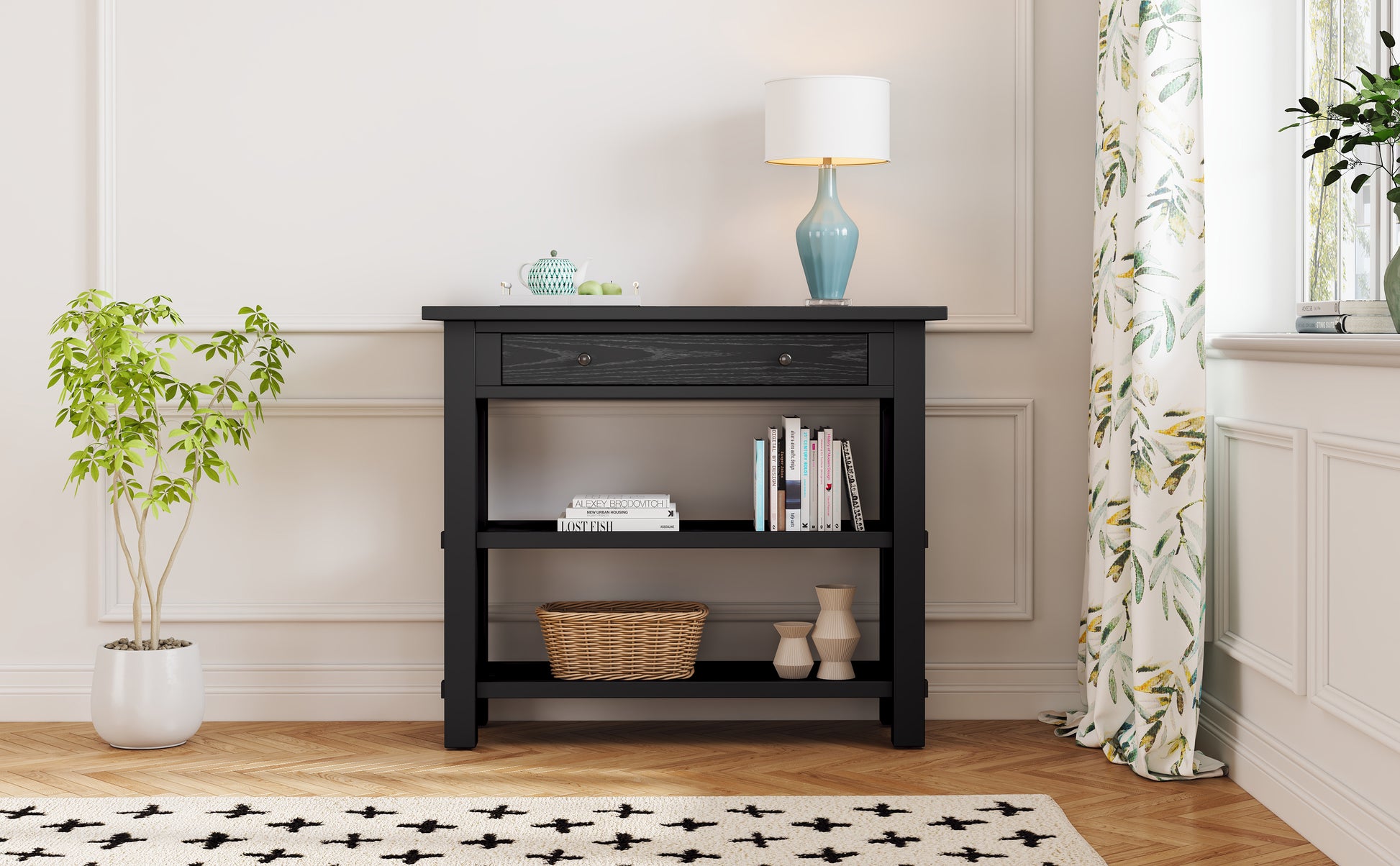 Retro Console Table With Drawer And Two Sturdy Shelves For Entryway, Living Room Black Black Mdf,Rubber Wood