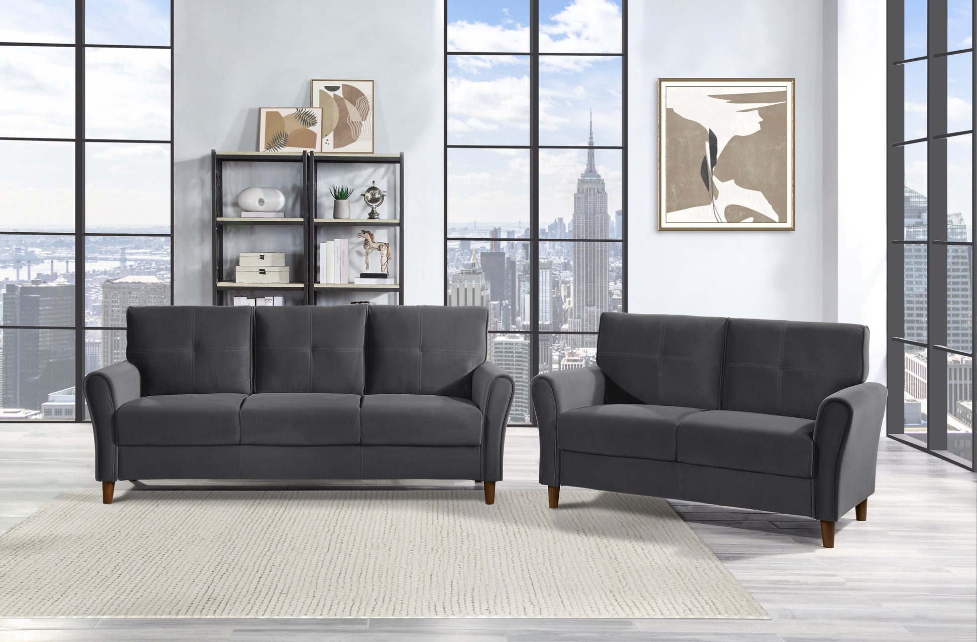 Gray Velvet Upholstery 1Pc Comfort Sofa Plush Seatbacks Tufted Detail Solid Wood Frame Modern Living Room Furniture Gray Velvet Wood Primary Living Space Modern Flared Arms Solid Wood 3 Seat