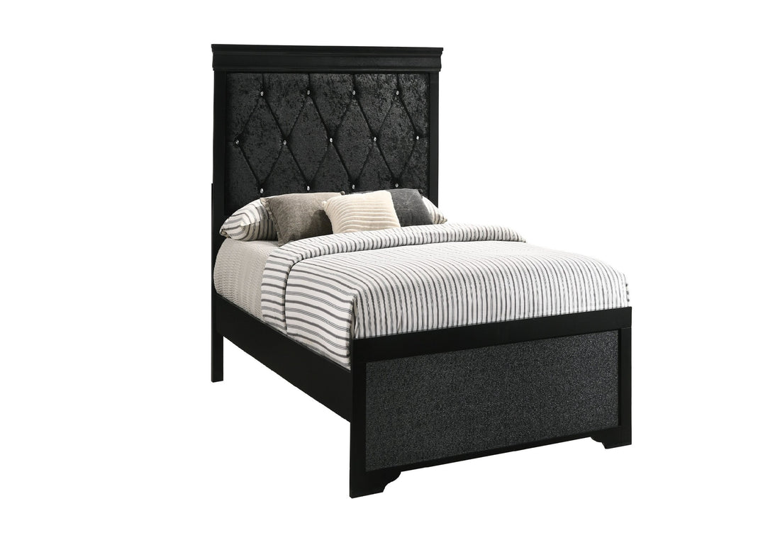 Modern 1Pc Black Finish Twin Size Panel Youth Bed Wooden Fabric Upholstered Headboard Crystal Like Button Tufted Fabric Bedroom Furniture Box Spring Required Twin Black Wood Bedroom Modern Panel Solid Wood