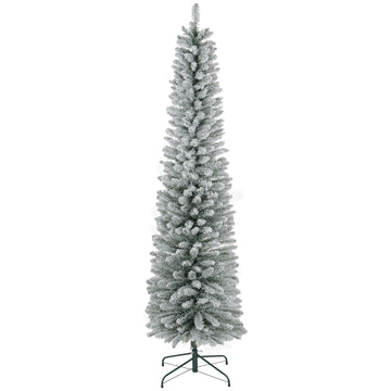 Homcom 7Ft Artificial Pencil Christmas Tree With 405 Snow Flocked Tips, Metal Base, Realistic Xmas Tree Green Plastic