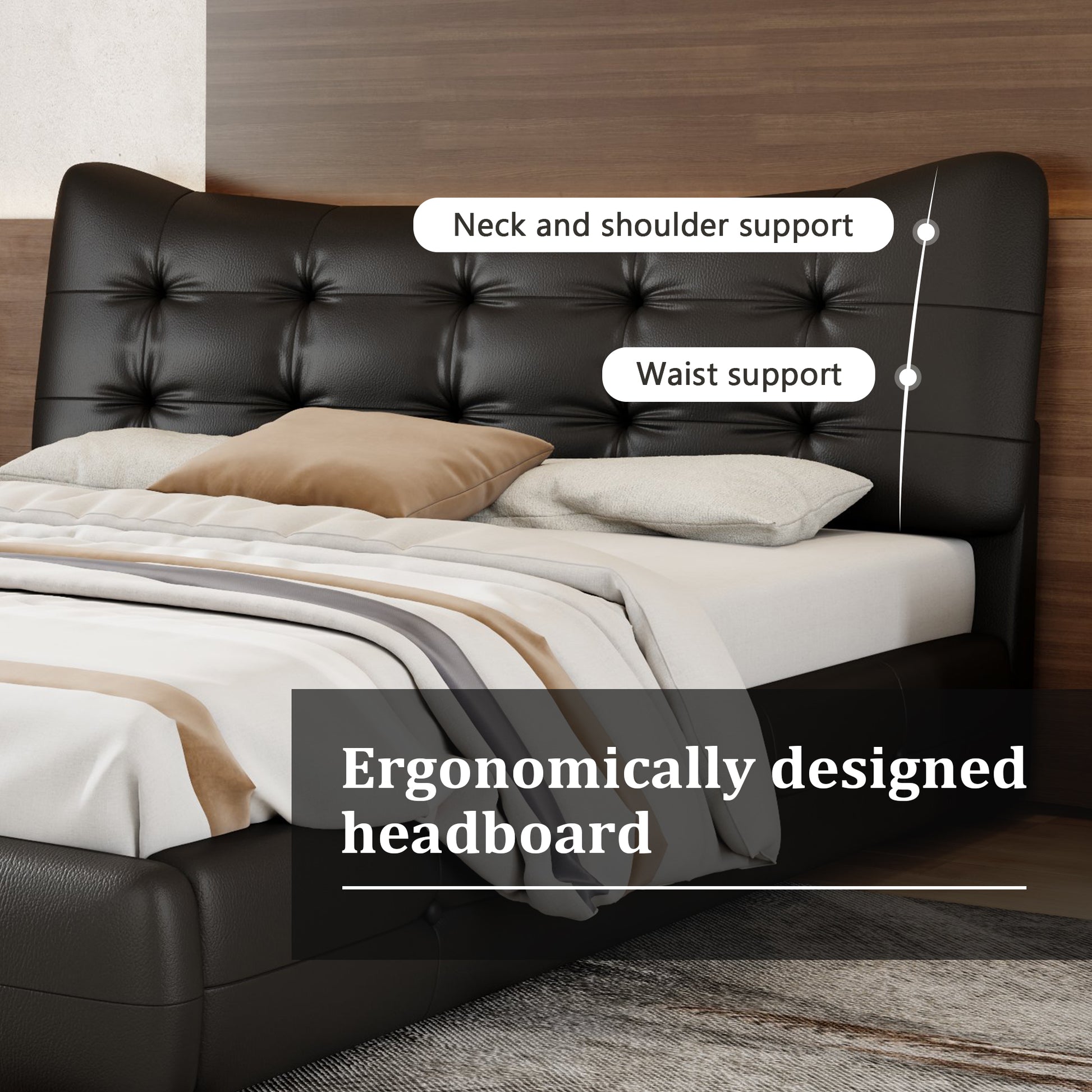 Modern Pu Upholstered Queen Bed With Ergonomic Wingback Headboard, No Box Spring Needed, Black Box Spring Not Required Queen Black Composite Bedroom Contemporary Bed Frame Pu,Upholstered