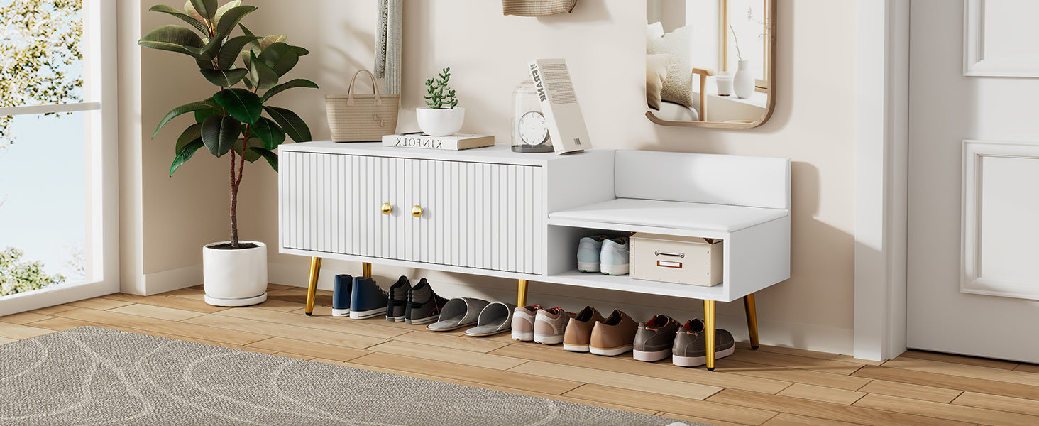 Modern Shoe Storage Bench With Hidden Storage And Upholstered Cushions For Bedside, Living Room And Entryway White White Mdf Metal