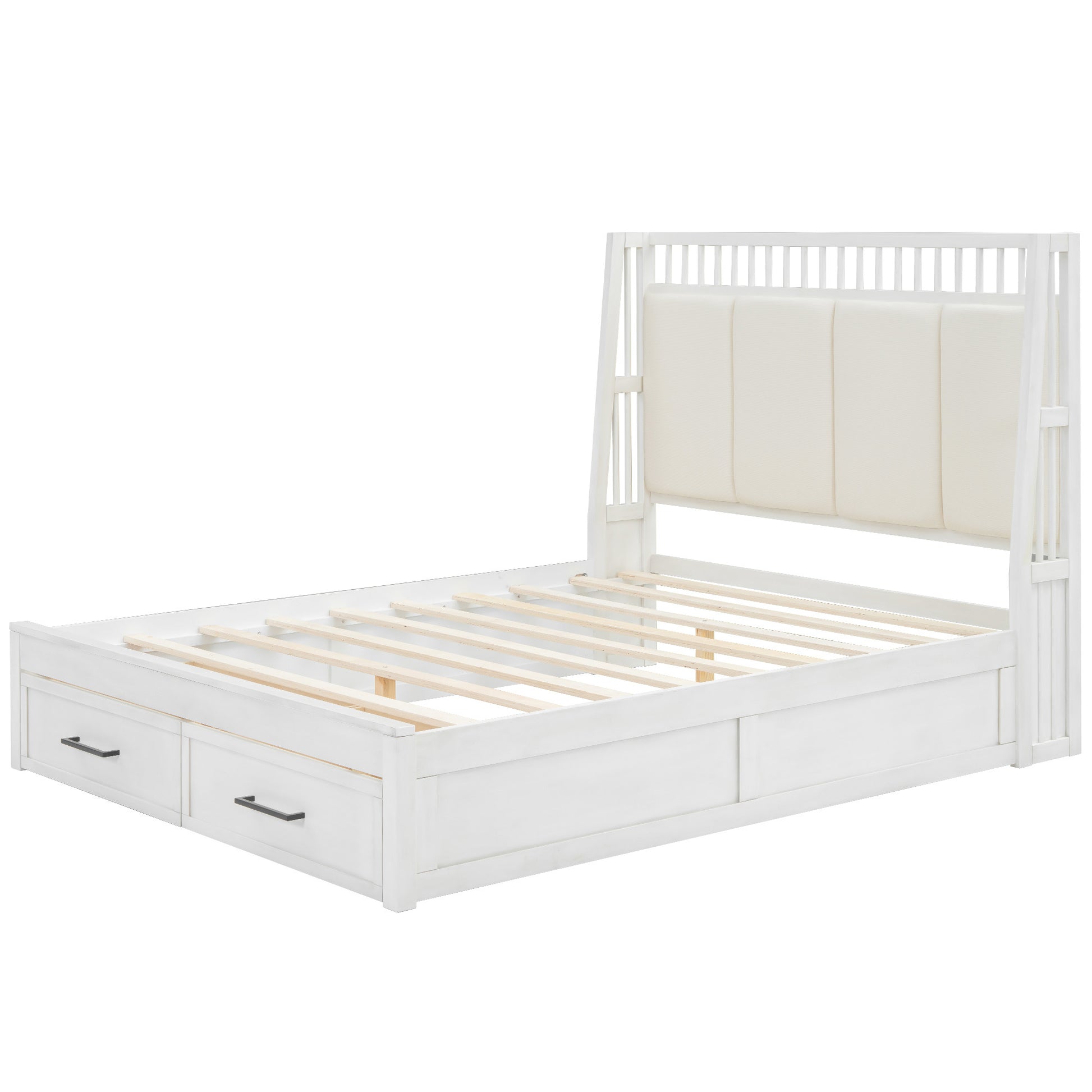 Queen Size Wood Platform Bed With Upholstered Headboard And 2 Drawers, Antique White Box Spring Not Required Queen White Wood Bed Frame Solid Wood Mdf