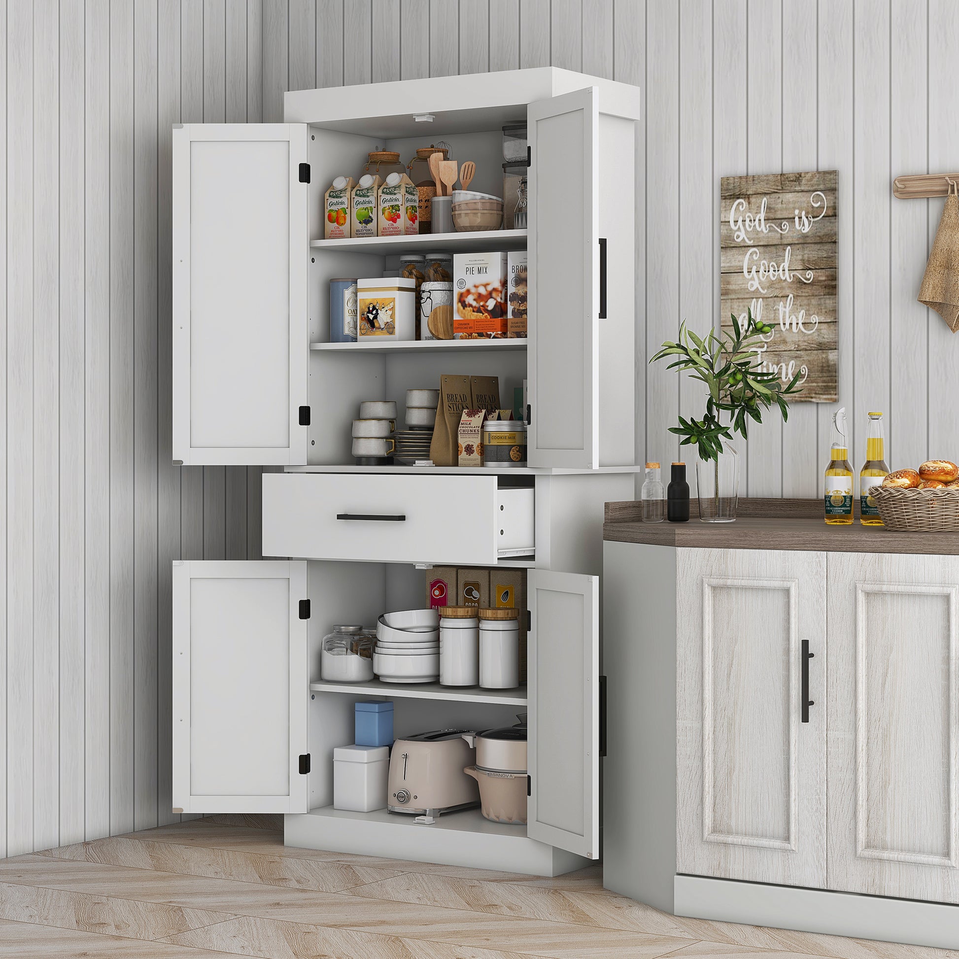 Homcom 72" Tall Kitchen Pantry Storage Cabinet, Farmhouse Freestanding Kitchen Cabinet With 4 Barn Doors, Drawer, 5 Tier Shelf And Adjustable Shelves, White White Particle Board