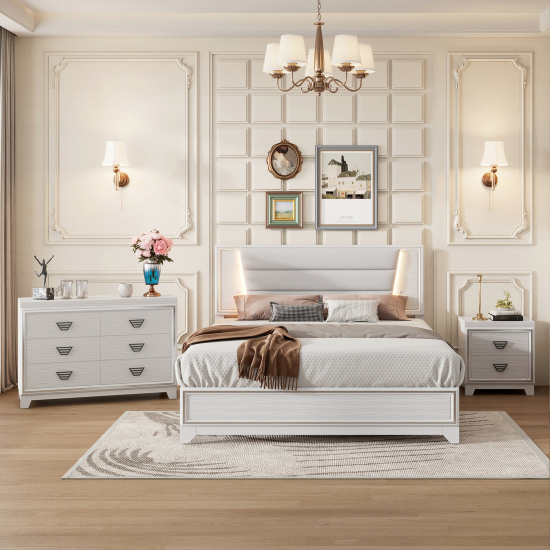 3 Pieces Bedroom Sets Queen Size Upholstered Bed With Led Lights, Nightstands And Dresser With Metal Handles And Sparkling Shiny Decoration, White Expected Arrival Time:8.5 Queen White 3 Piece Set Mdf Metal