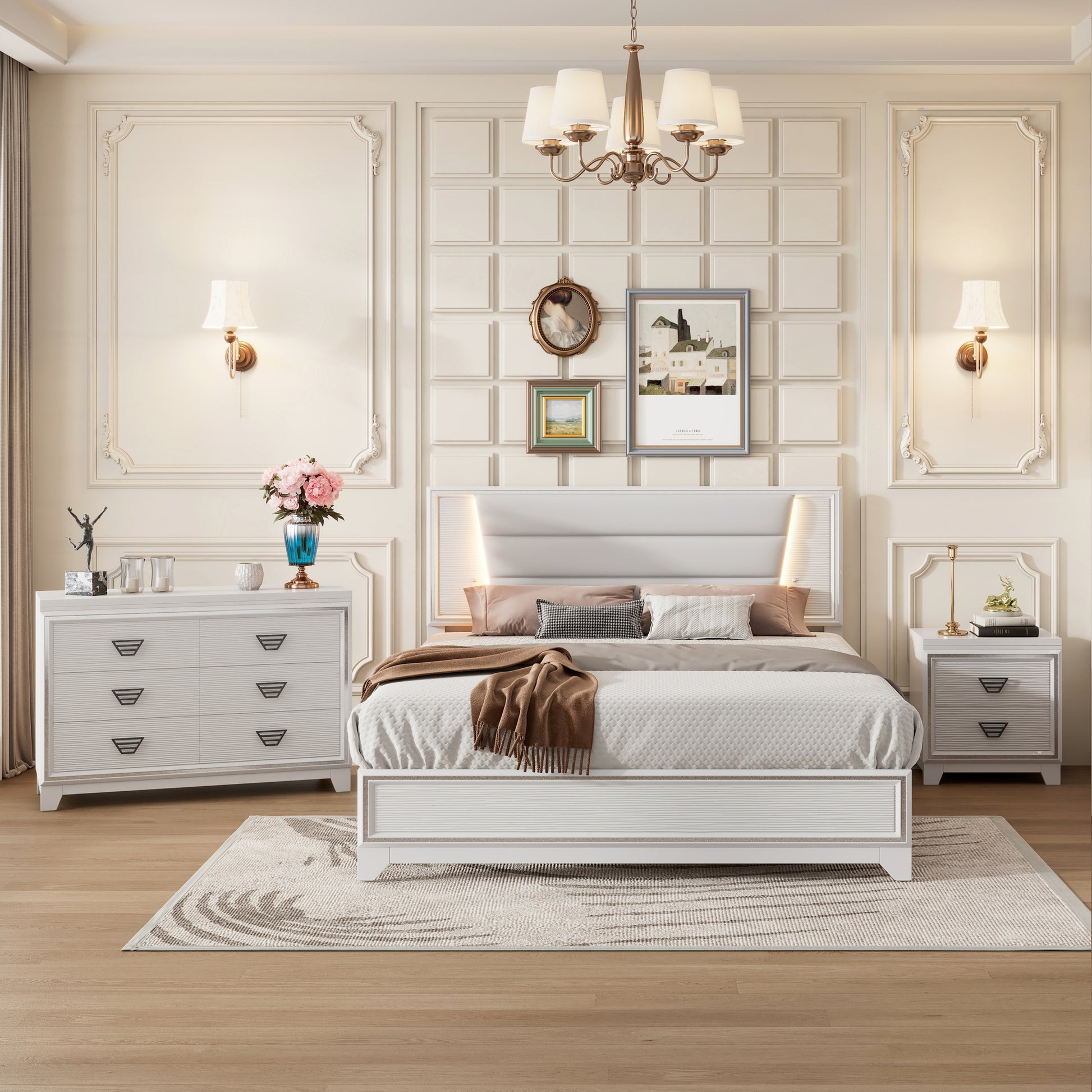 3 Pieces Bedroom Sets Queen Size Upholstered Bed With Led Lights, Nightstands And Dresser With Metal Handles And Sparkling Shiny Decoration, White Expected Arrival Time:8.5 Queen White 3 Piece Set Mdf Metal