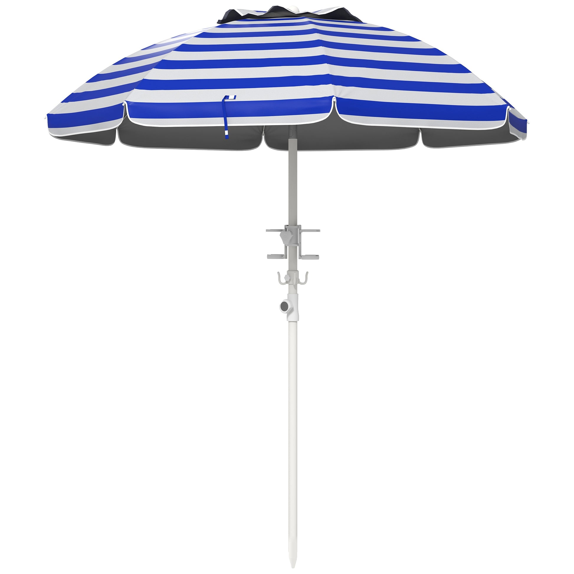 Outsunny 5.7' Portable Beach Umbrella With Tilt, Adjustable Height, 2 Cup Holders & Hooks, Uv 40 Ruffled Outdoor Umbrella With Vented Canopy, Blue White Stripe Colorful Polyester