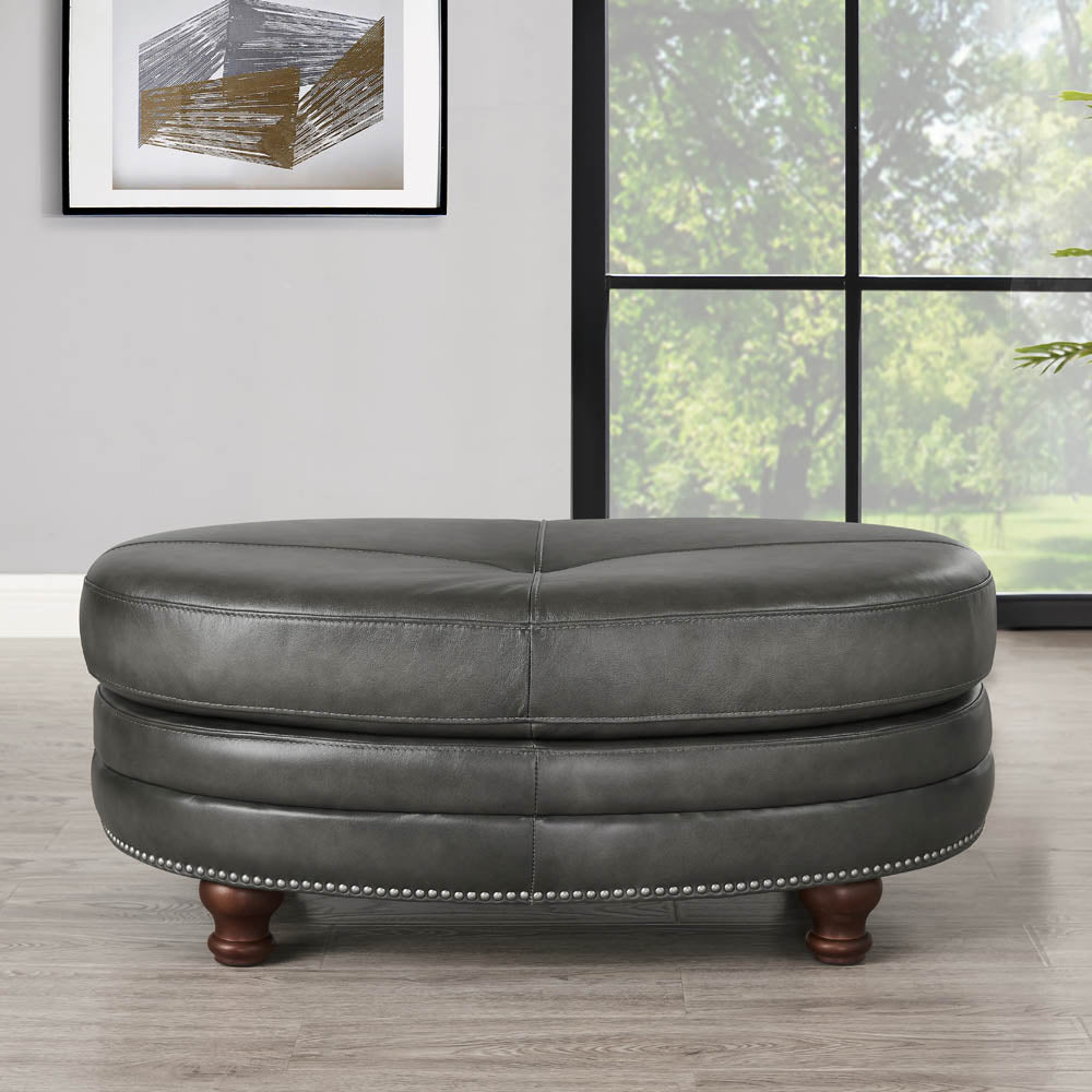 Belfast Top Grain Leather Oval Ottoman Wood Primary Living Space Solid Grey Eucalyptus Wood Nailhead Trim Gray Genuine Leather Genuine Leather Medium Firm Backless Mid Century Modern Oval Armless