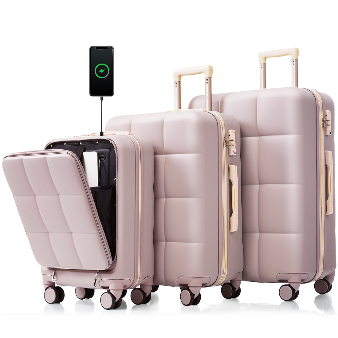 Luggage Sets 3 Piece, 20 Inch With Usb Port And Front Opening Design, Abs Hard Shell Luggage With Spinner Wheels, Cup Holder, Rosybrown Brown Abs