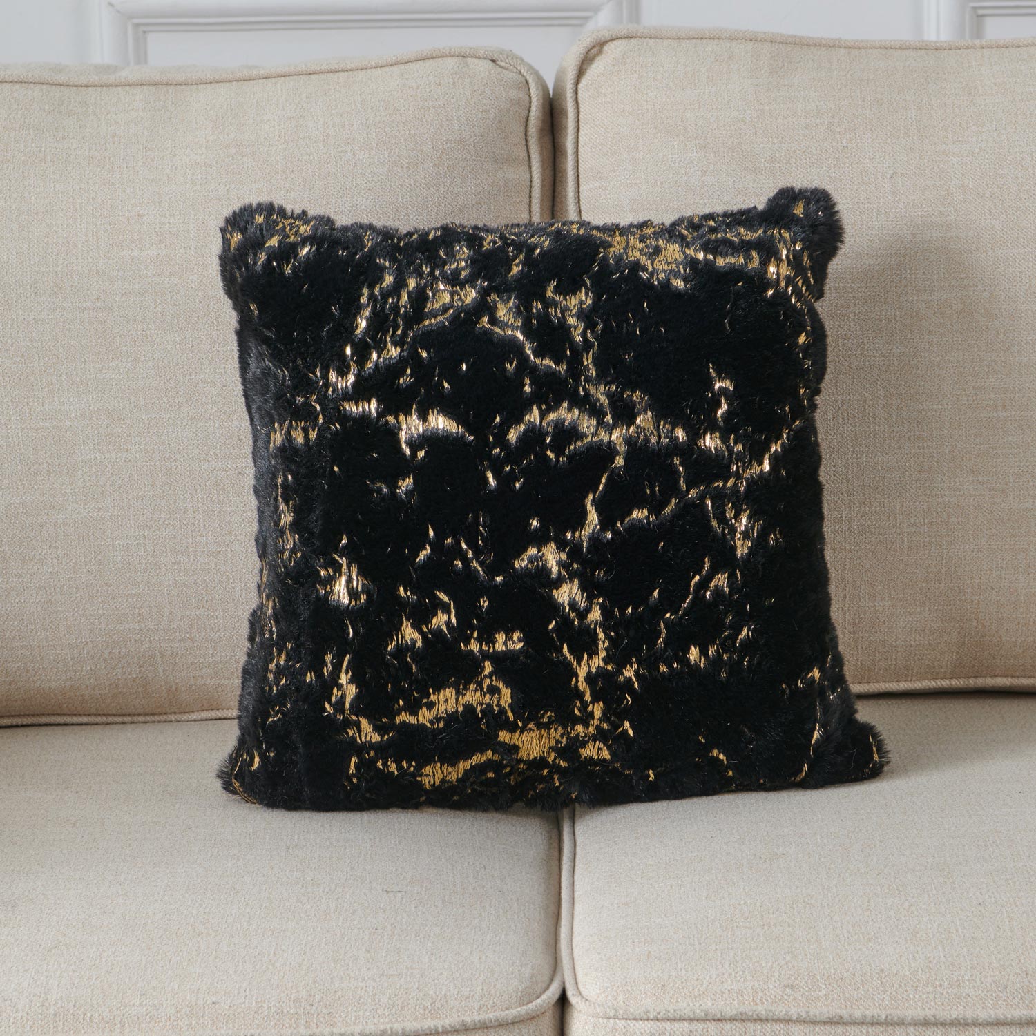 Luxury Chinchilla Faux Fur Gilded Black Pillow 20 In. X 20 In. Black Gold Polyester