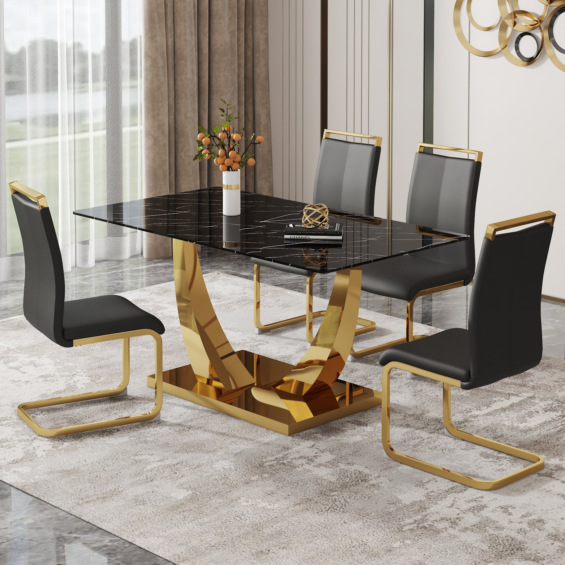 Table And Chair Set.Modern Rectangular Dining Table With Black Textured Stickers Glass Tabletop And Gold Plated Metal Legs.Paried With 4 Comfortable Chairs With Pu Seats And Golden Metal Legs. Black Gold Seats 4 Glass Metal