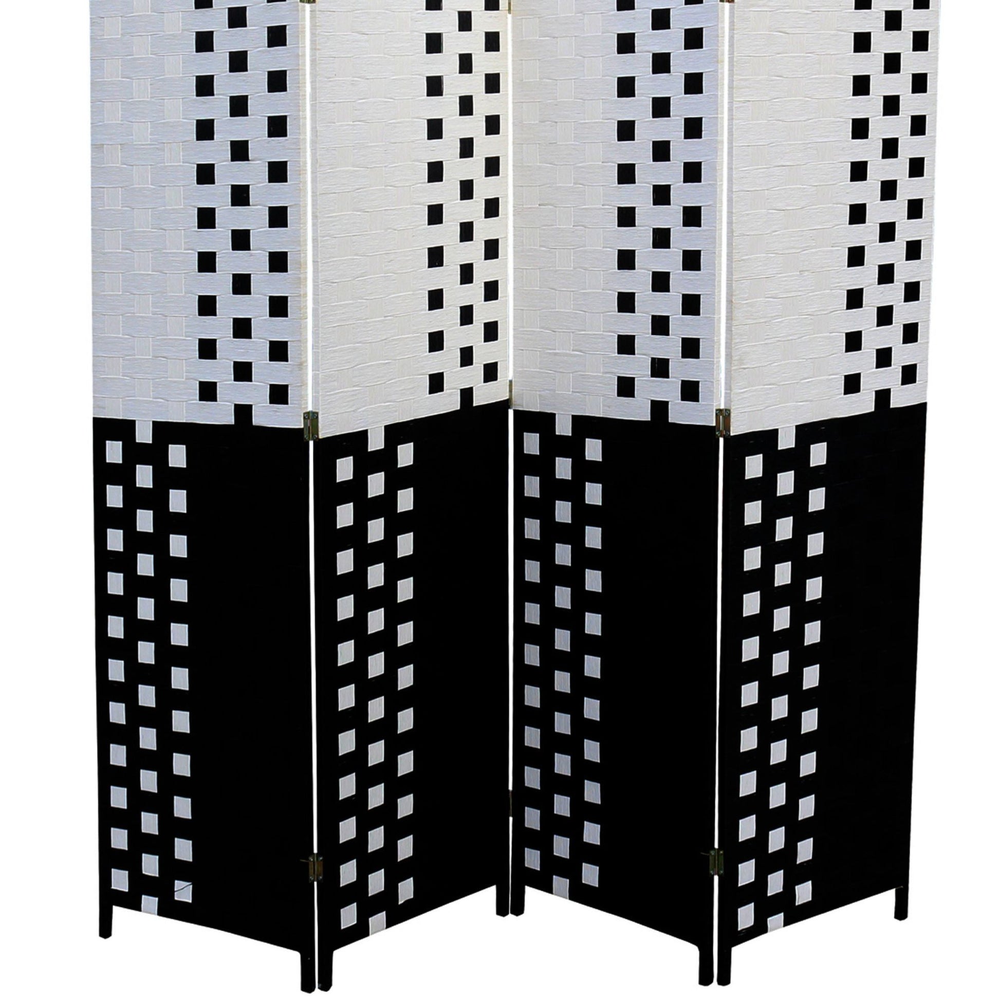 70.75" Tall 4 Panel Screen Room Divider W Weave Design, Black And White Multicolor Wood