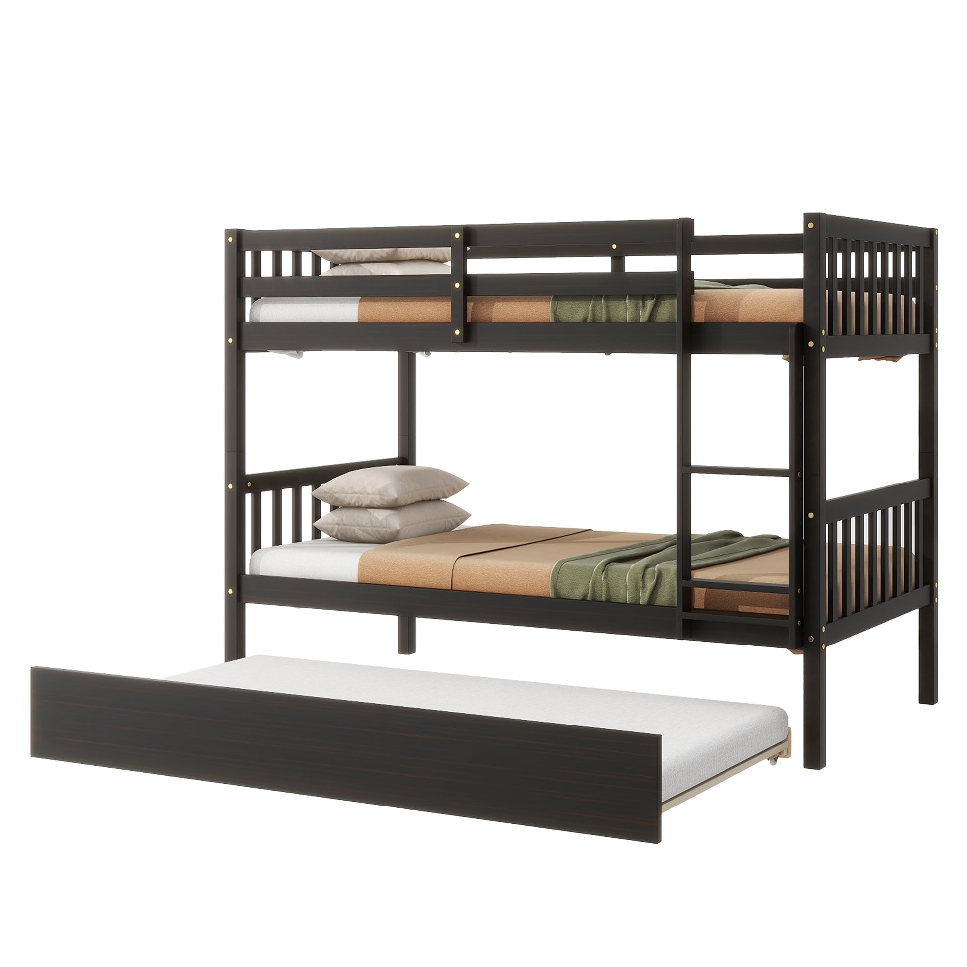 Twin Over Twin Rubber Wood Bunk Bed With Trundle, Convertible Into 2 Twin Size Beds, Twin Size Bunk Bed With Ladder And Safety Guardrails,Espresso Twin Espresso Rubber Wood