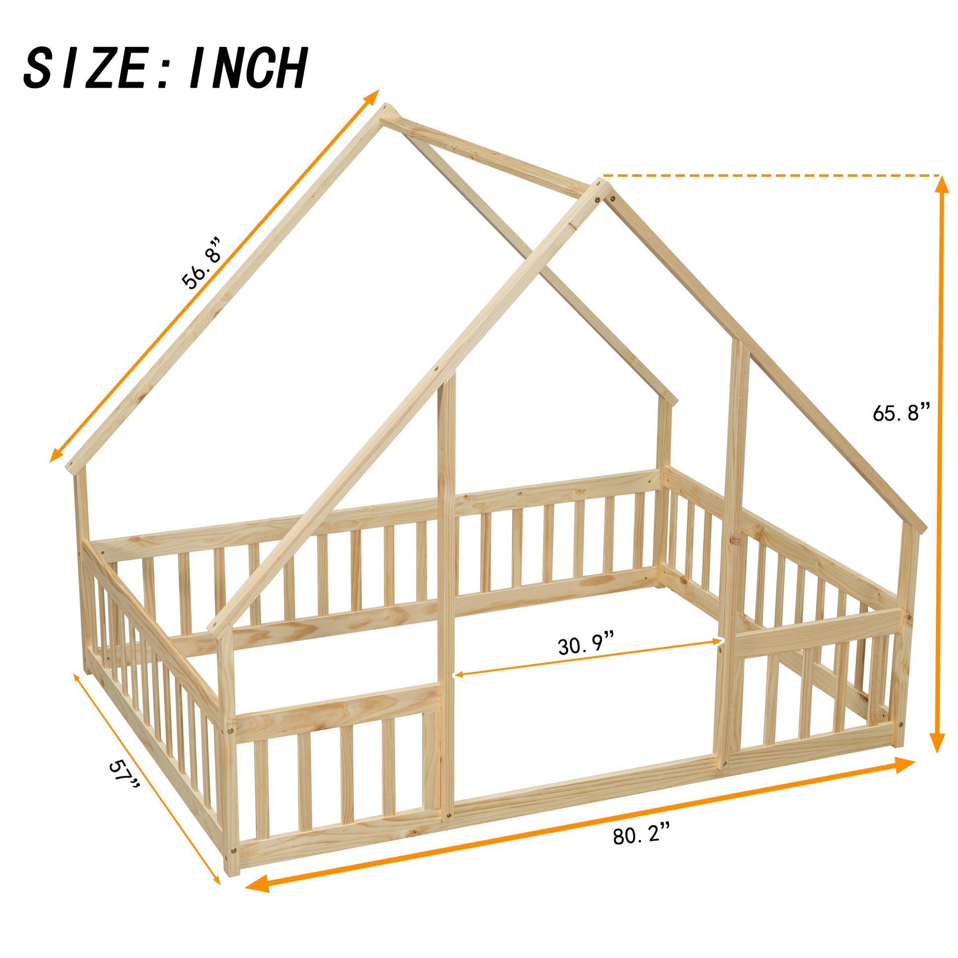 Full Wood House Shaped Floor Bed With Fence, Guardrails,Natural Full Natural American Design Pine