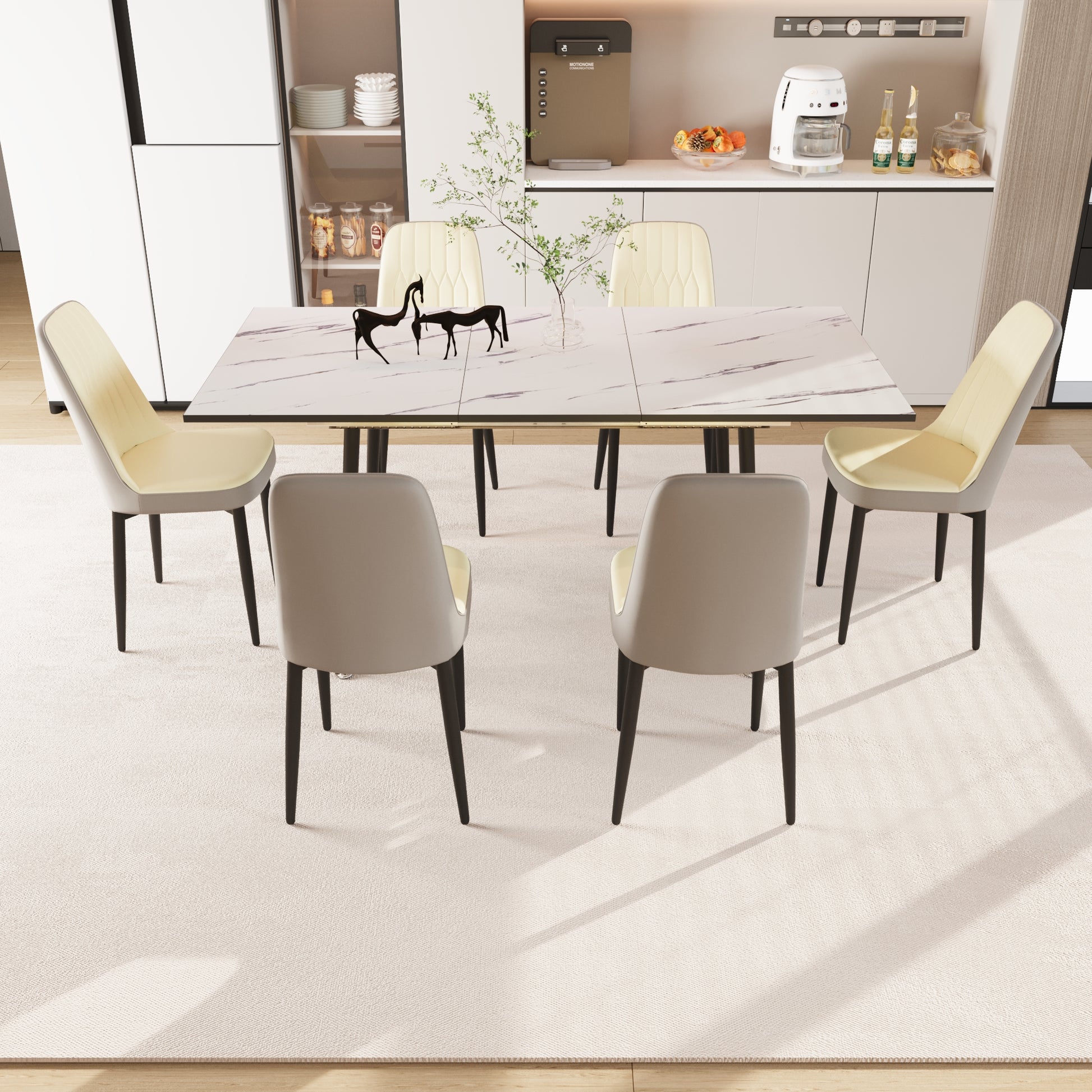 An Expandable Dining Table Set For 2 6 People, Equipped With Pu Fabric Thick Cushioned Dining Chairs And An Elegant And Spacious Dining Tablekitchen Table And Chair Set, With Black Metal Legs Beige