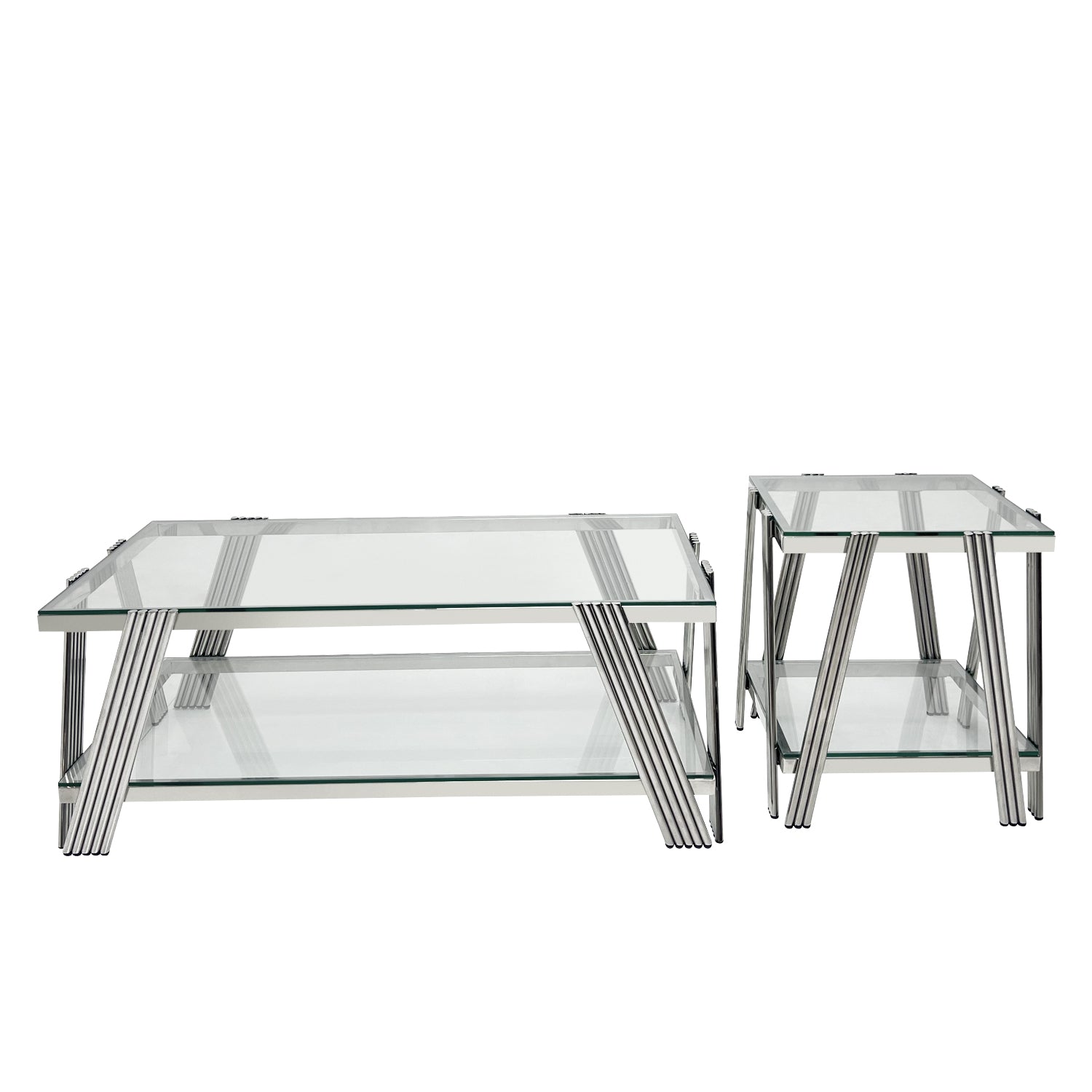 Silver Stainless Steel Double Layer Clear Tempered Glass Coffee Table For Bed Room, Living Room Clear,Silver Modern Rectangular Stainless Steel,Tempered Glass