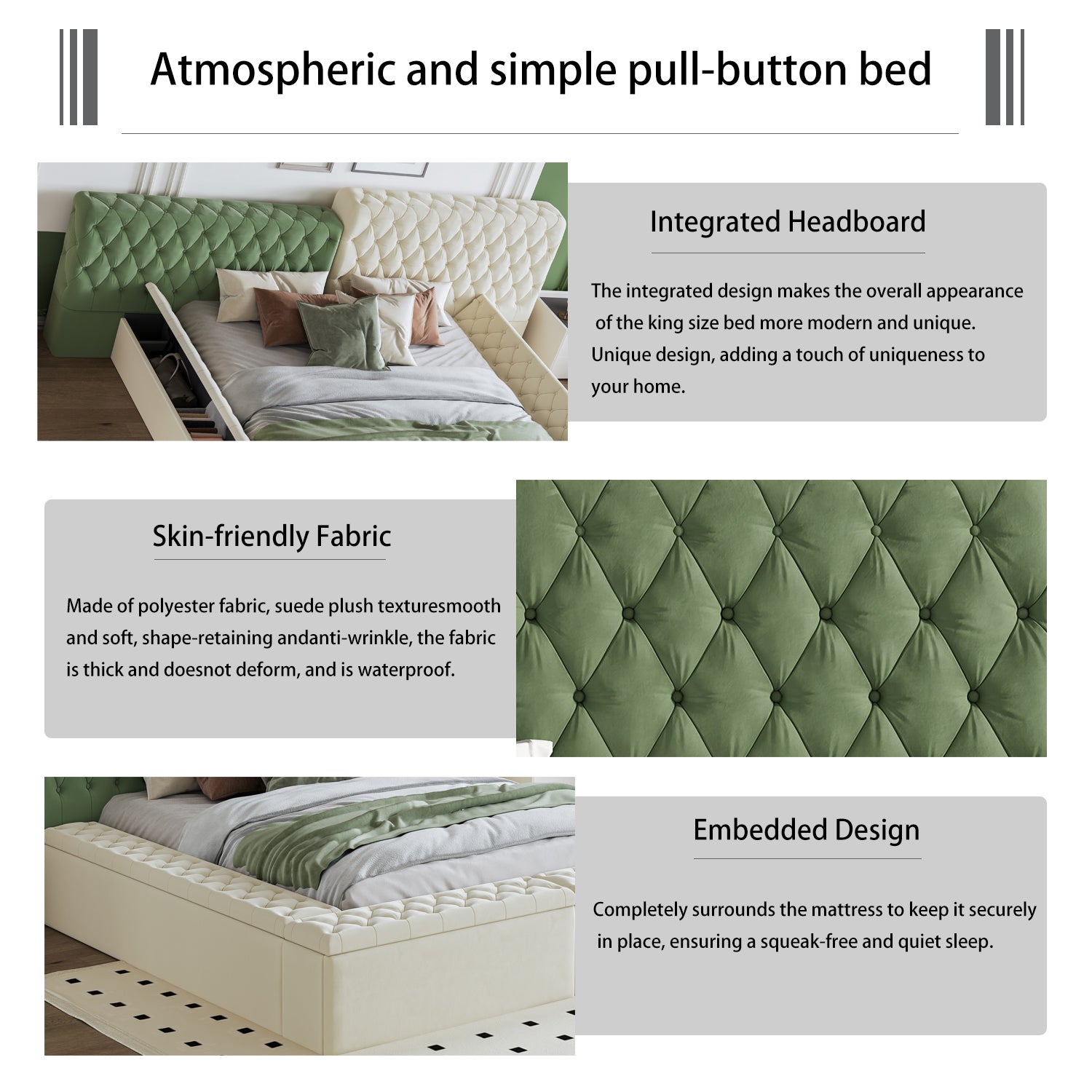 Contemporary Special Shaped Fully Upholstered Bed With Deep Button Tufting And Storage Compartments In Rails And Footboard,No Box Spring Needed,King,Green Box Spring Not Required King Green Solid Wood