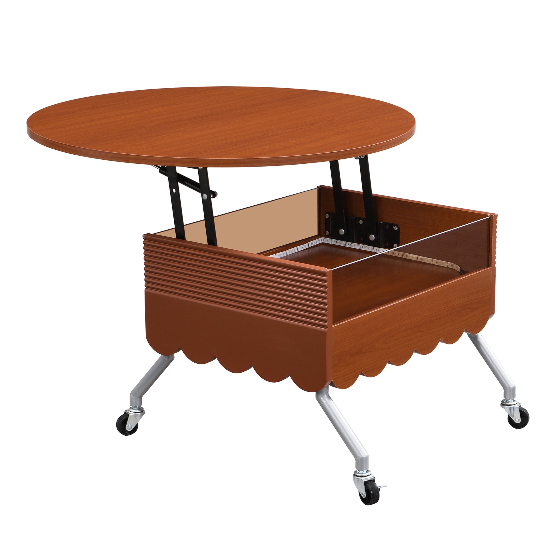 Round Lift Top Coffee Table With Wheels, Metal Frame And Multi Color Lighting In 27.6" Mahogany Glass,Mdf Metal