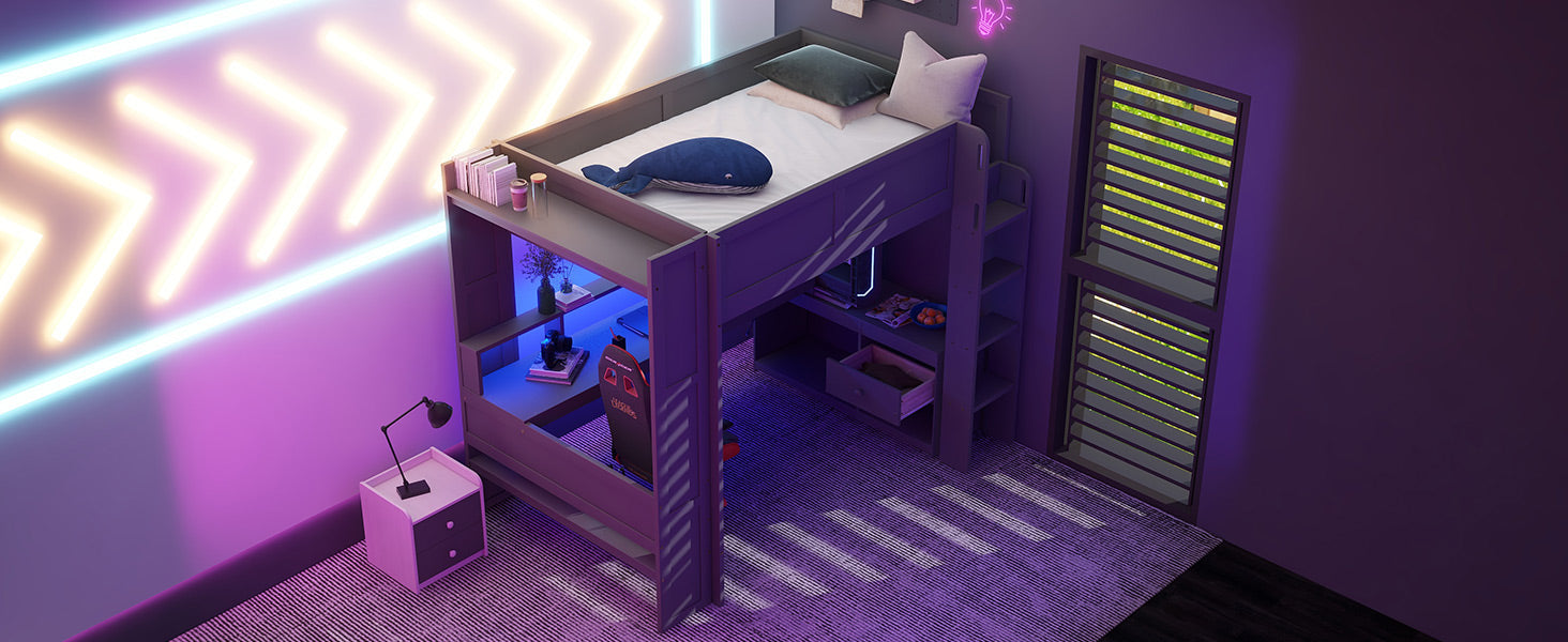 Wood Full Size Gaming Loft Bed With Desk, Multi Storage Shelves, Led And Charging Station, Dark Gray Box Spring Not Required Full Dark Gray Wood Bedroom Bed Frame Solid Wood Mdf