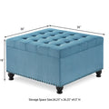 Large Square Storage Ottoman With Wooden Legs, Upholstered Button Tufted Coffee Table With Nail Trims,Light Blue Espresso Wood Primary Living Space Solid Black Rubberwood Wood Tufted Light Blue Linen Linen Or Linen Blend Medium Soft Backless American