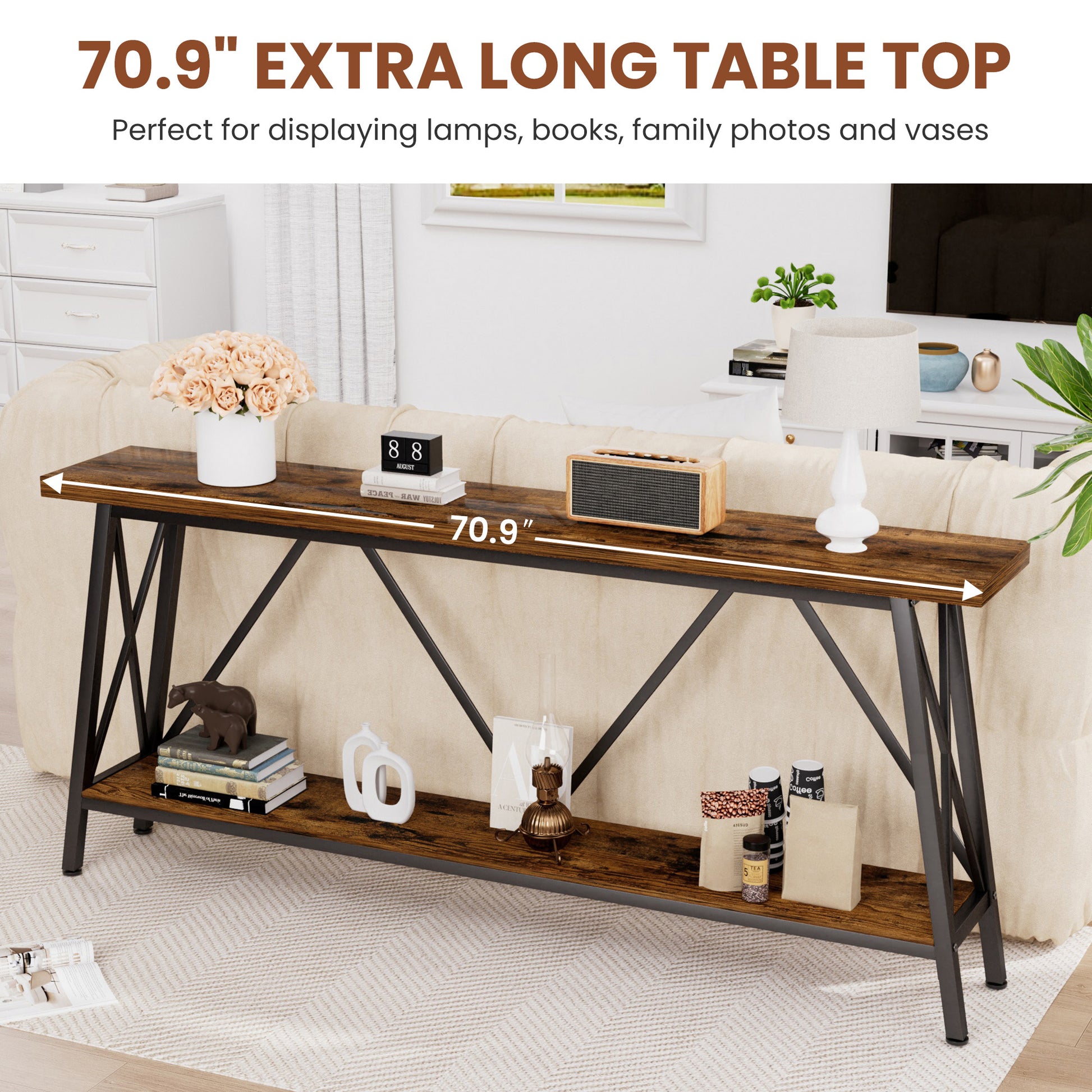 70.9 Inch Extra Long Sofa Table, Console Behind Sofa, Entryway Table With 2 Tier Storage Shelves For Hallways,Living Rooms,Foyers,Entryways,Banquet Rooms,Rustic Brown And Black, 70.9 L X 11.8"W X