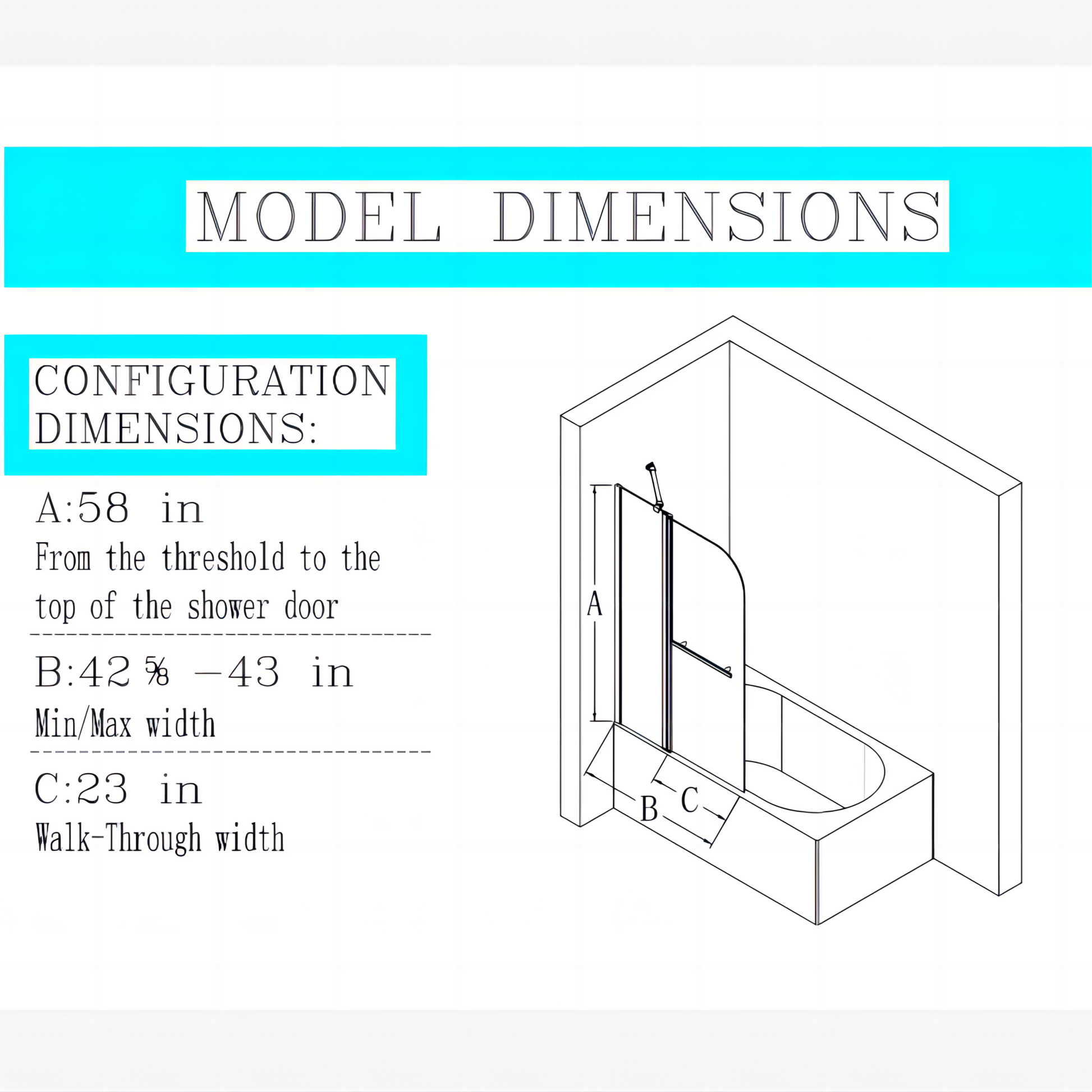 43 In. W * 58 In. H Frameless Folding Shower Doors For Bathtub, 1 4" 6Mm Thick Sgcc Tempered Glass Door, Bathroom Pivot Tub Glass Door, Matte Black Black Glass Metal