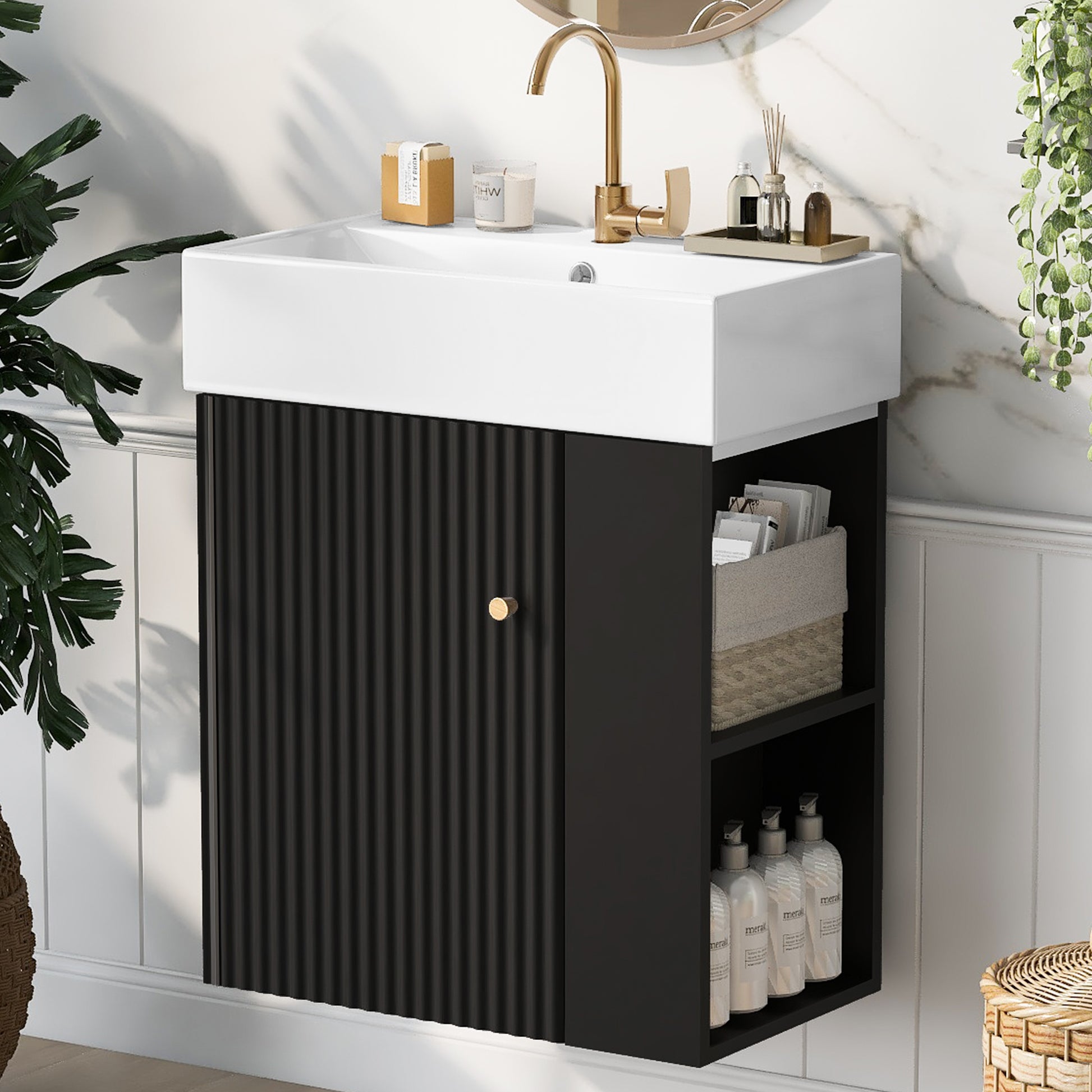 Video 21.6 Inch Modern Floating Bathroom Vanity With Ceramic Basin Perfect For Small Bathrooms, Right Side Storage Black Bathroom Ceramic Mdf