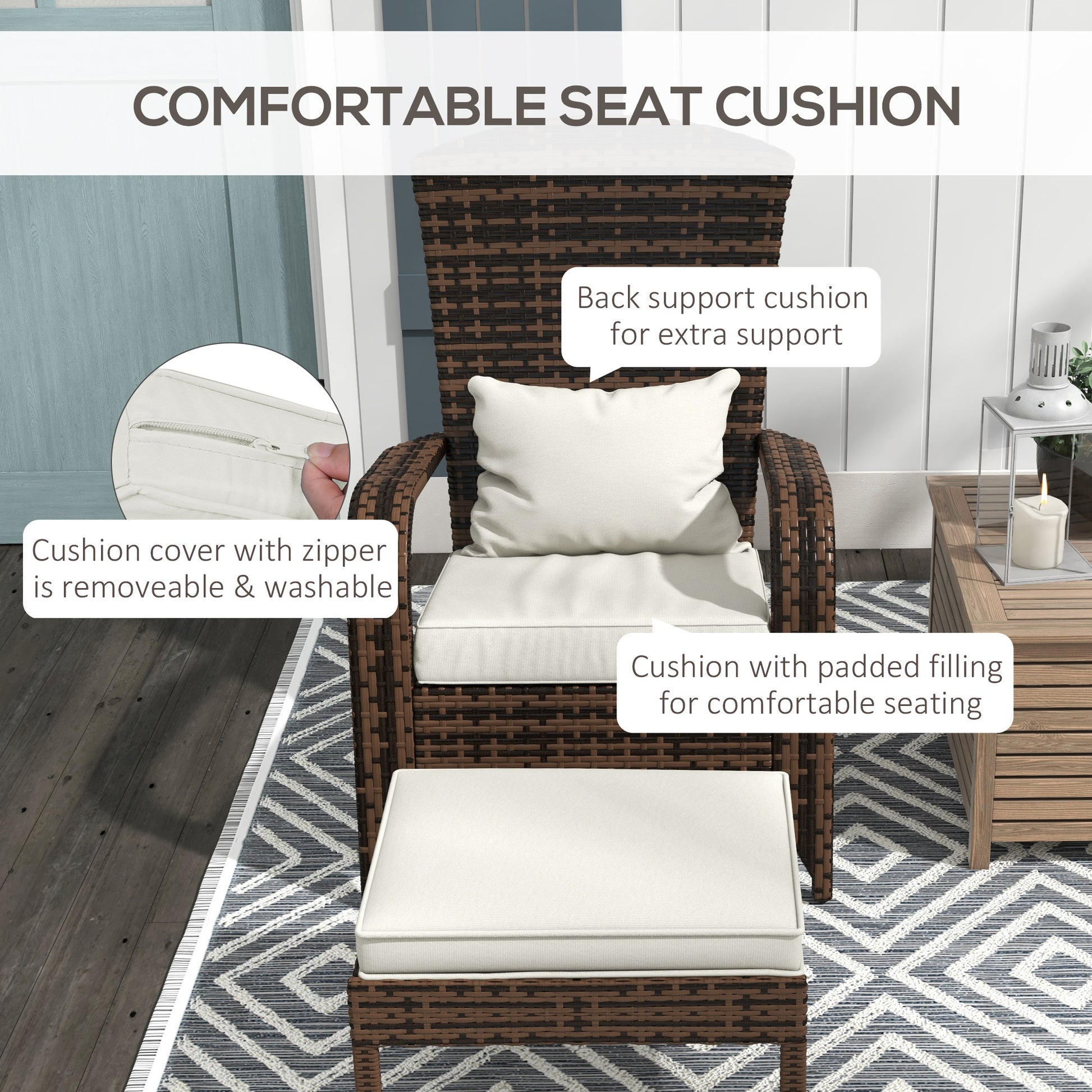 Outsunny Patio Wicker Adirondack Chair With Ottoman, Outdoor Fire Pit Chair With Cushions, High Back, Large Seat & Armrests For Deck, Garden & Backyard, Cream White White Steel