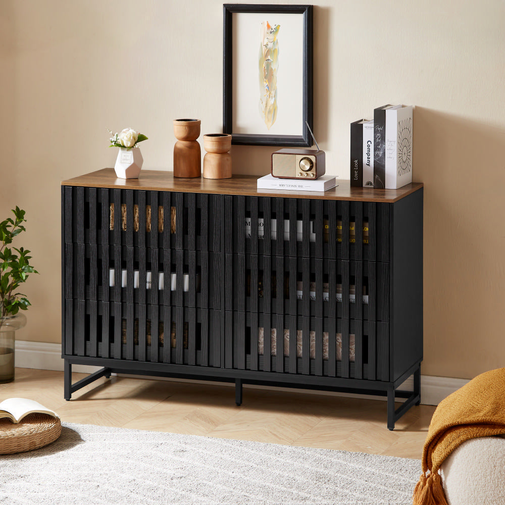 6 Drawer Double Dresser With Slatted Grille Striped Drawer, Modern Style Dresser, High Quality Mdf And Metal Leg Black Brown Mdf