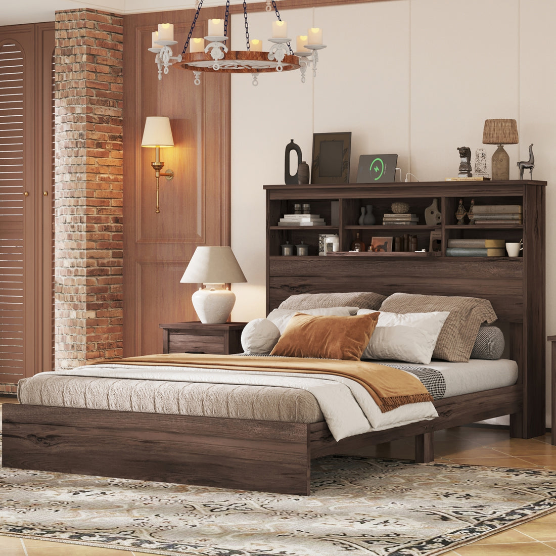 Queen Size Wooden Platform Bed With Storage Headboard,American Country Style Bed With Usb Charging Ports,Dark Walnut Queen Walnut American Traditional Mdf