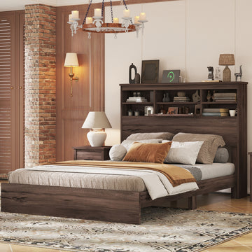 Queen Size Wooden Platform Bed With Storage Headboard,American Country Style Bed With Usb Charging Ports,Dark Walnut Queen Walnut American Traditional Mdf