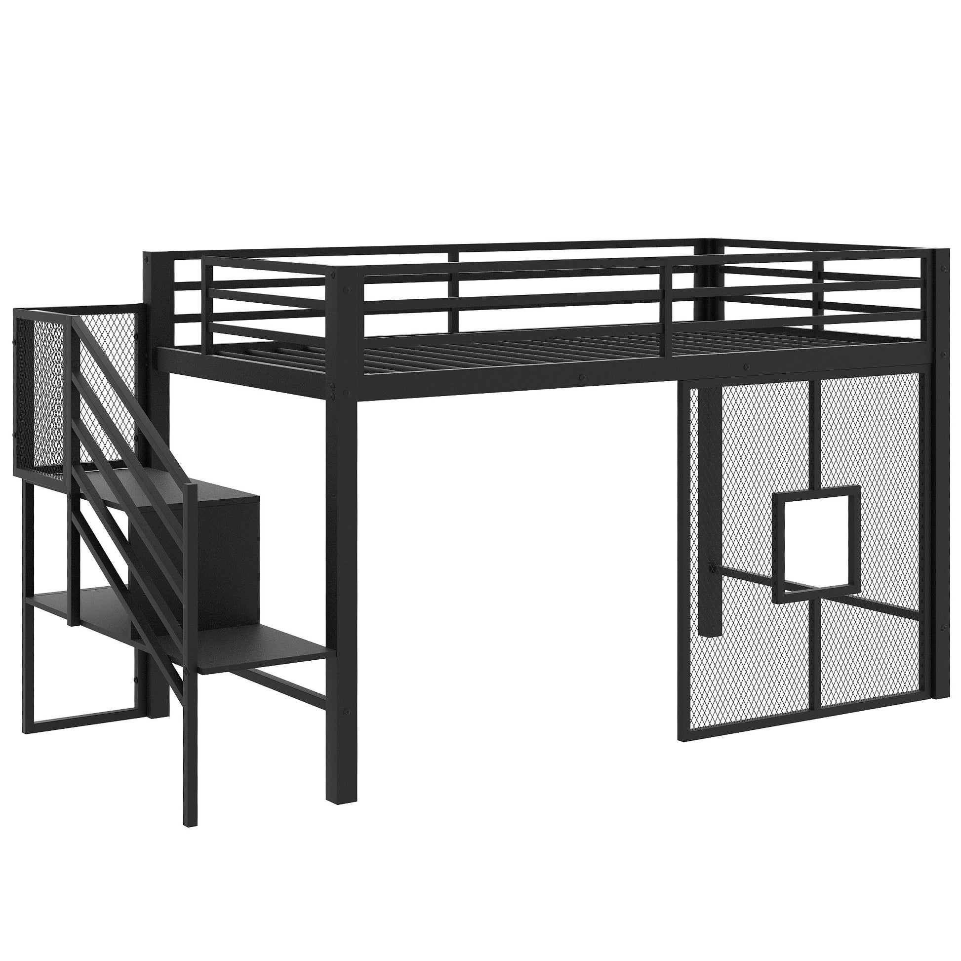 Twin Size Metal Low Loft Bed Frame With Storage Staircase And Iron Mesh,Black Expected Arrival Time:10.10 Black Metal